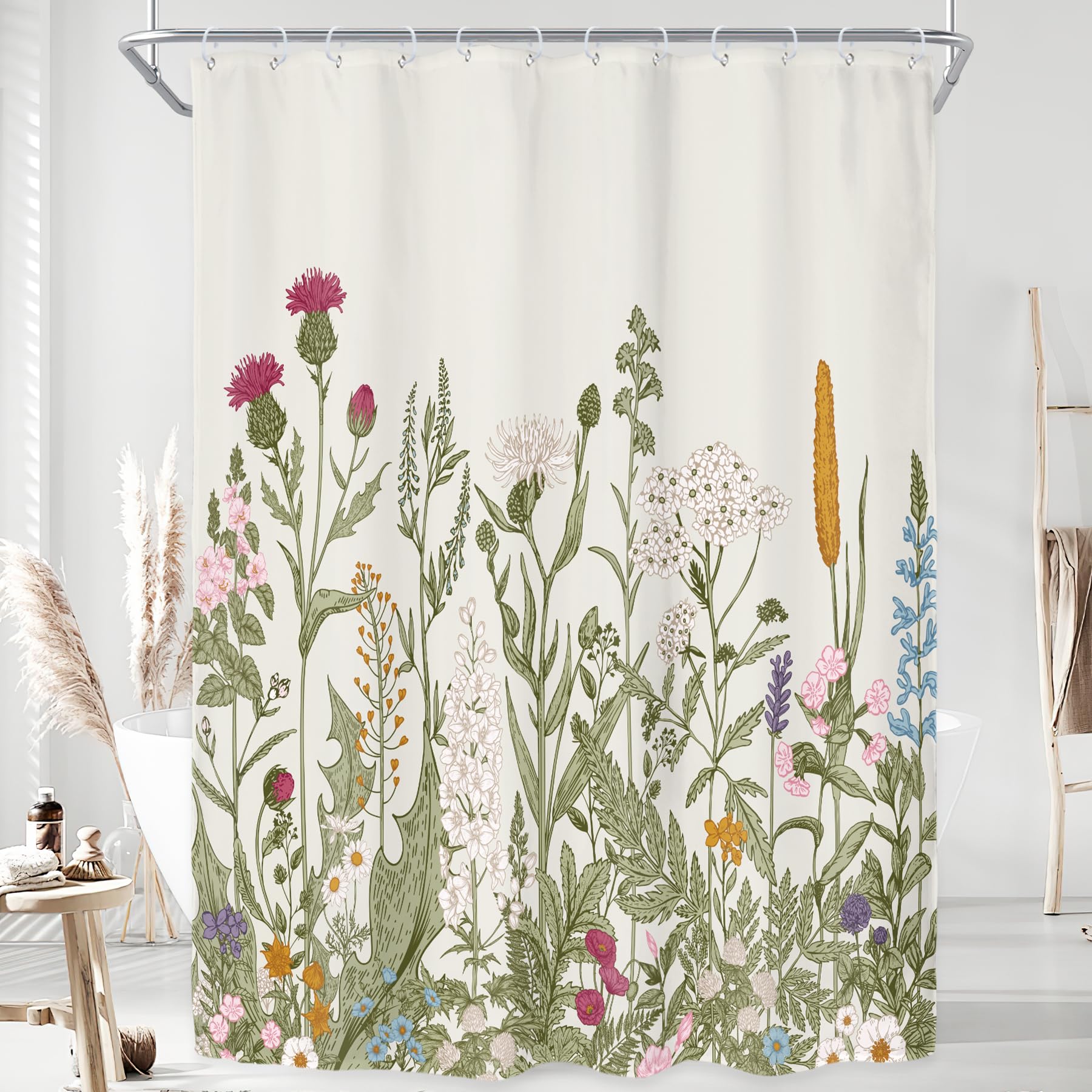 Riyidecor Fabric Wildflower Botanical Shower Curtain For Bathroom Decor 72Wx74H Inch Floral Flower Plant Herbs Green Leaves Deco