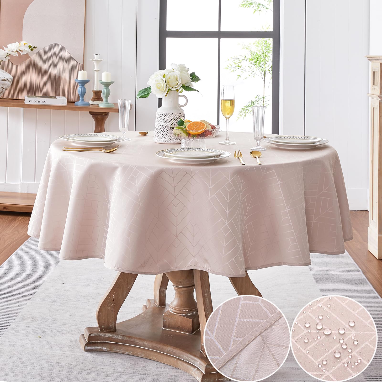 Efficinature Round Table Cloth Jacquard Fabric Tablecloth Geometry Pattern Silky Soft Waterproof Wrinkle Resistant Washable Tabl