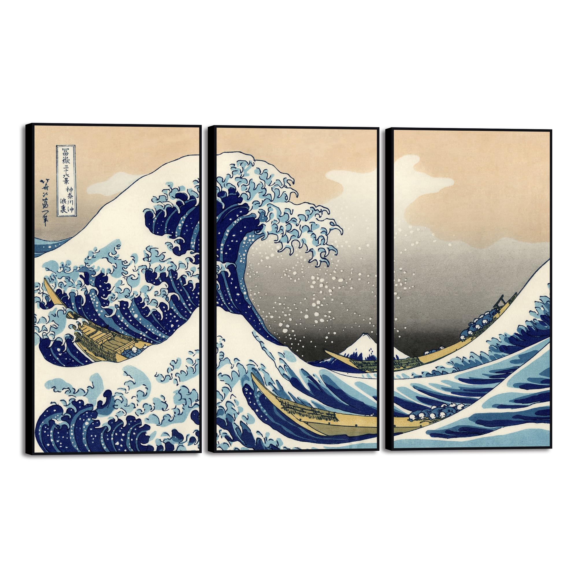 Wieco Art Large Black Aluminum Framed Art 3 Panel Great Wave Of Kanagawa Katsushika Hokusai Canvas Prints Wall Art Abstract Seas