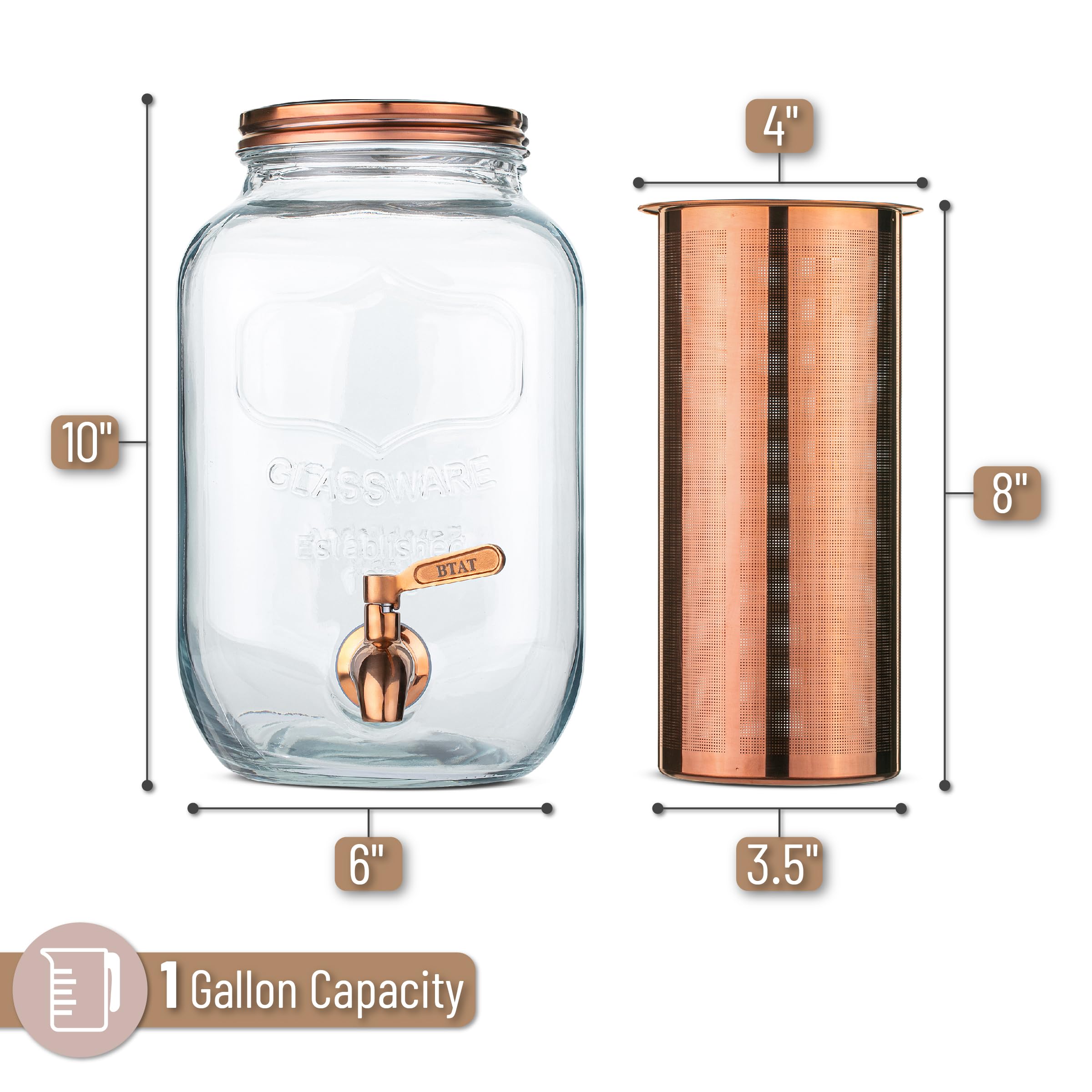 Brew To A Tea Cold Brew Coffee Maker, 1 Gallon, Rose Gold, Mason Jar, 16 Servings