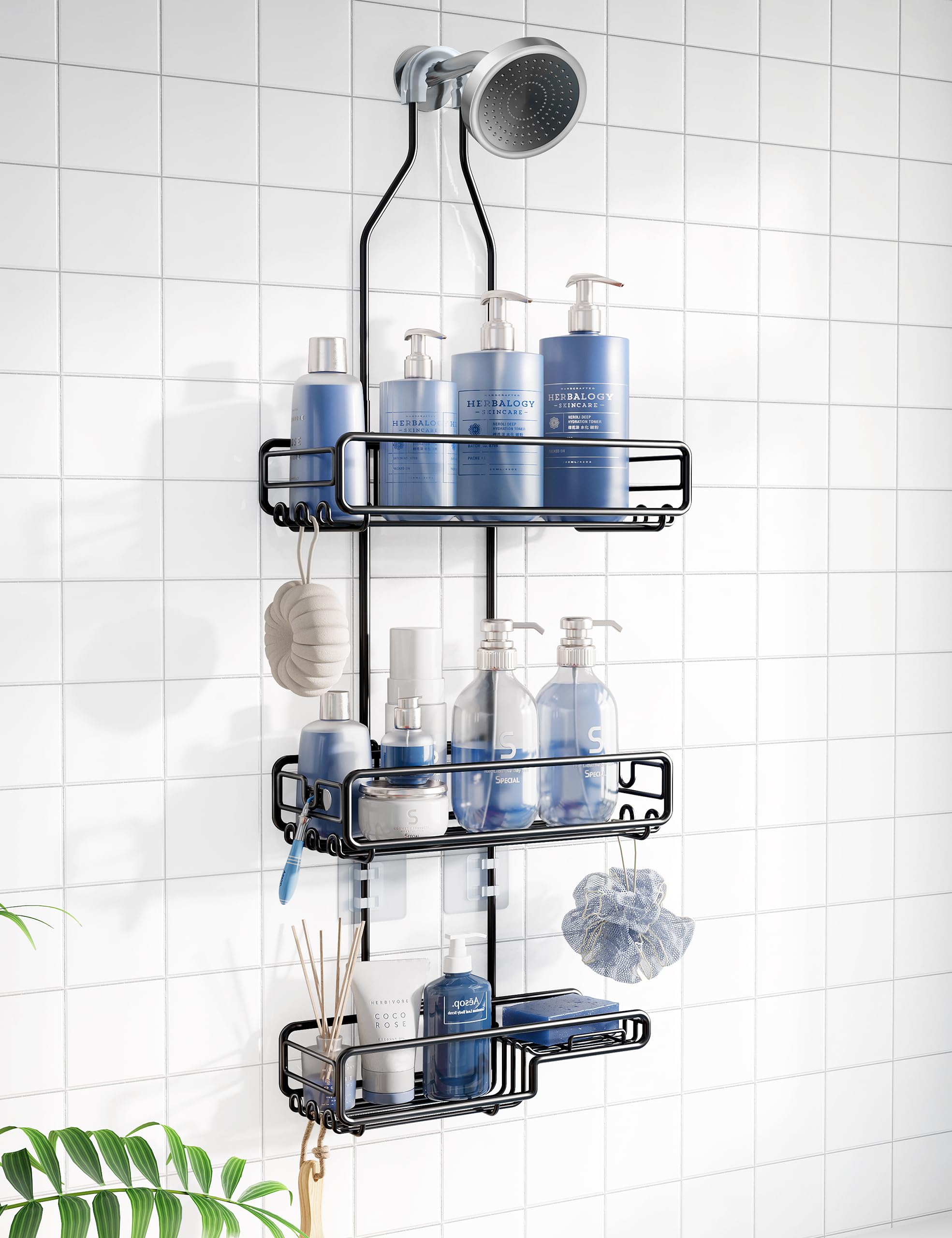 Skyapex Shower Caddy Hanging Bathroom Organizer: Over Head Adjustable Rack For Tall Showerhead - Extra Large Storage Shelf For B