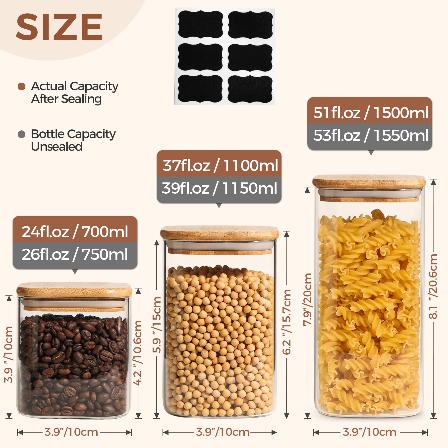 Comsaf Airtight Glass Storage Canister With Bamboo Lid (24Oz/37Oz/51Oz) Set Of 6, Clear Food Storage Container Kitchen Pantry St