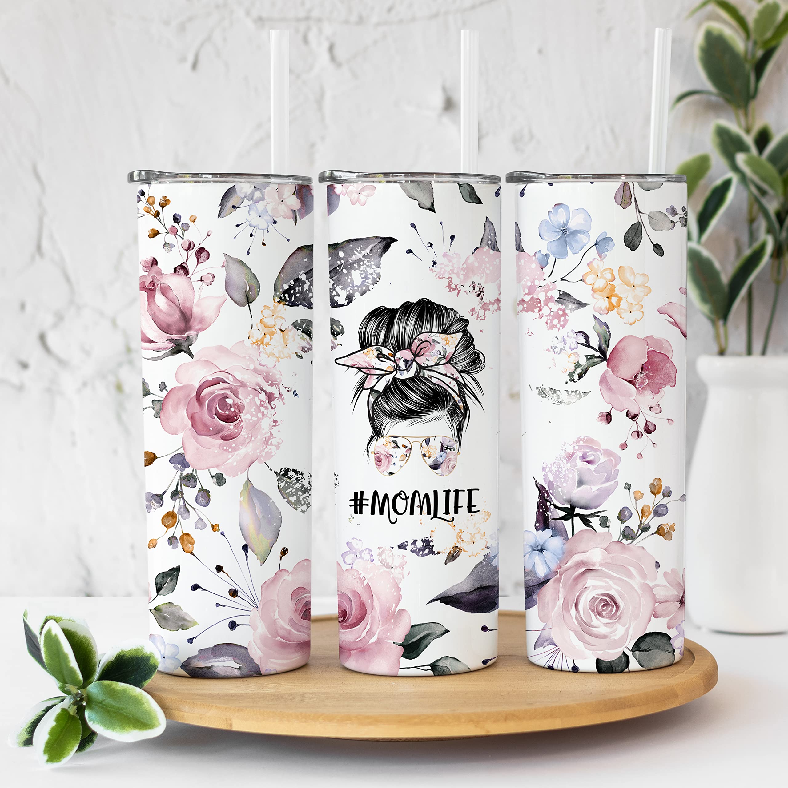 Younique Designs Floral Mama Coffee Tumbler With Straw And Lid, 20 Oz, Insulated Stainless Steel Skinny Tumbler For Women, Flowe