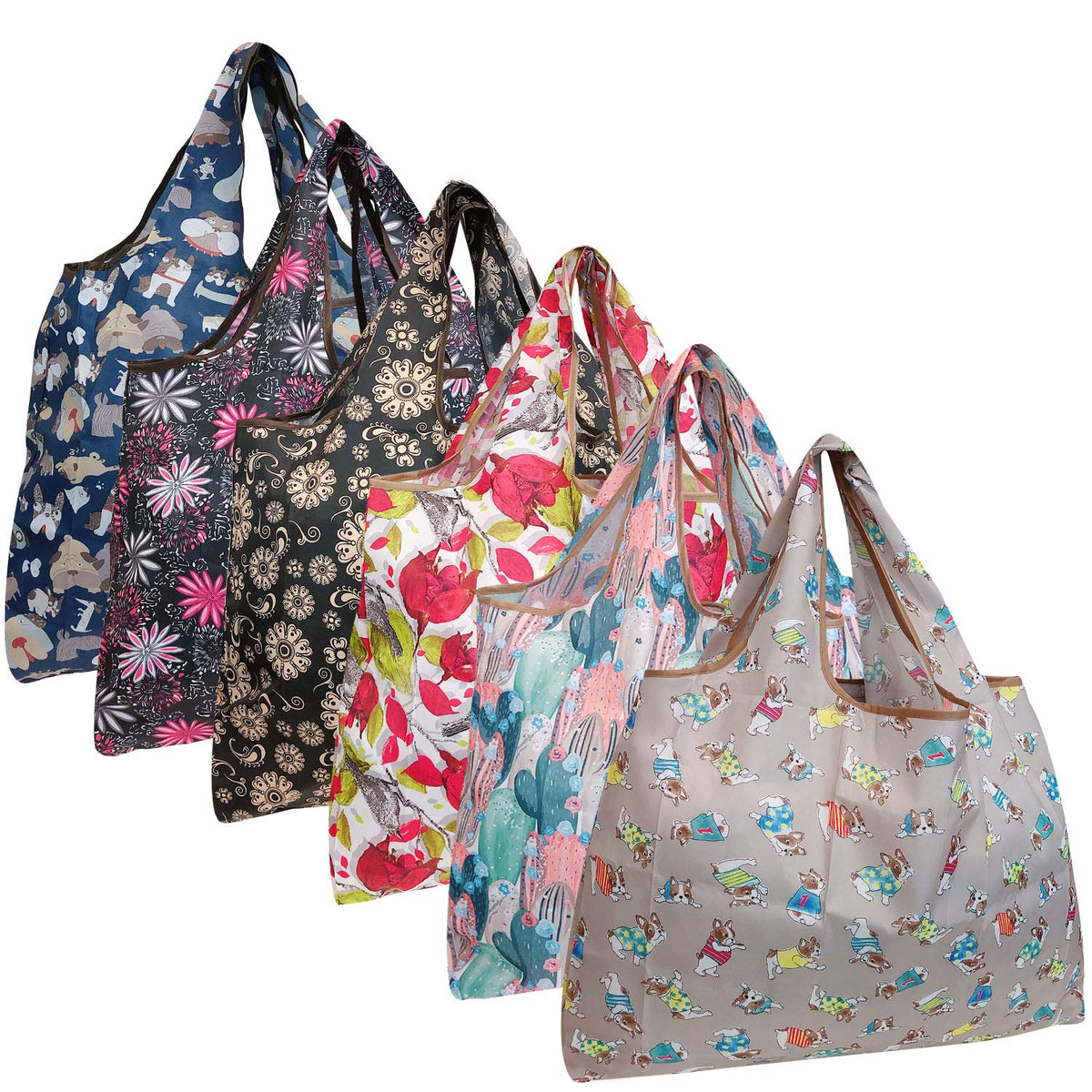 Allydrew Large Foldable Tote Nylon Reusable Grocery Bags, 6 Pack, Dogs & Plants
