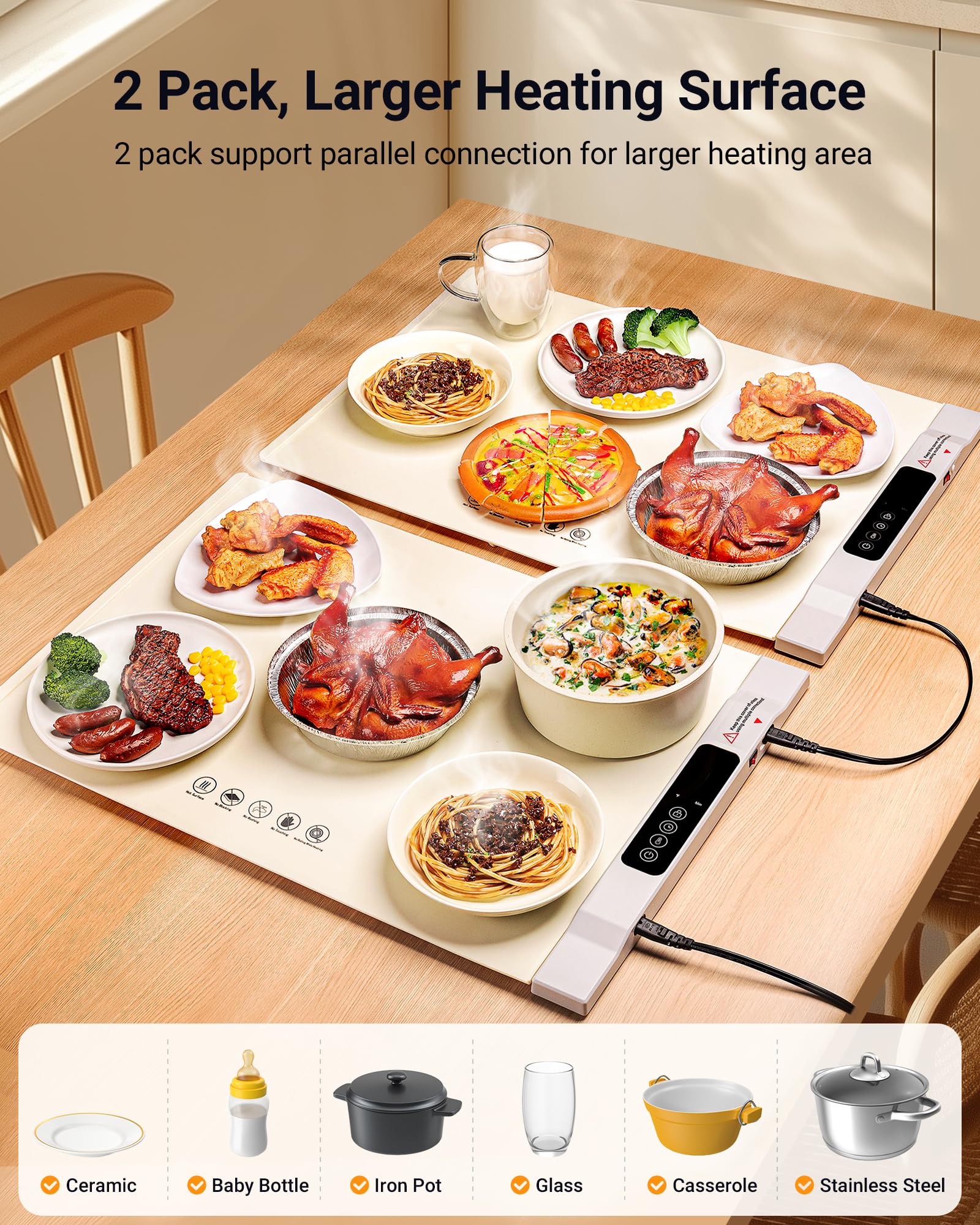 Warming Mat for Food, 2 Pack Food Warming Mat, Electric Warming Tray for Buffets Party with 7 Adjustable Temperature, 6 Timer, F
