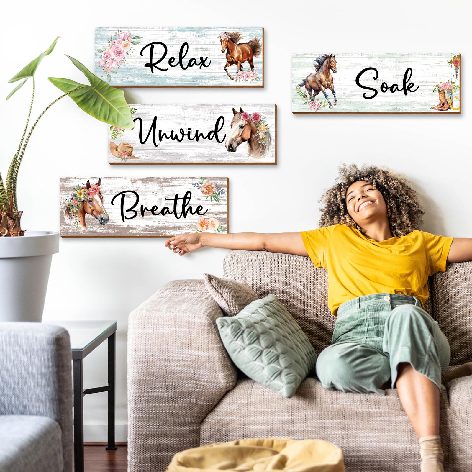 Thrist Cowgirl Horse Theme Wall Decor 4Pcs Spiritual Healing Wall Decor Wooden Horse Wall Art Picture Relax Soak Unwind Breathe