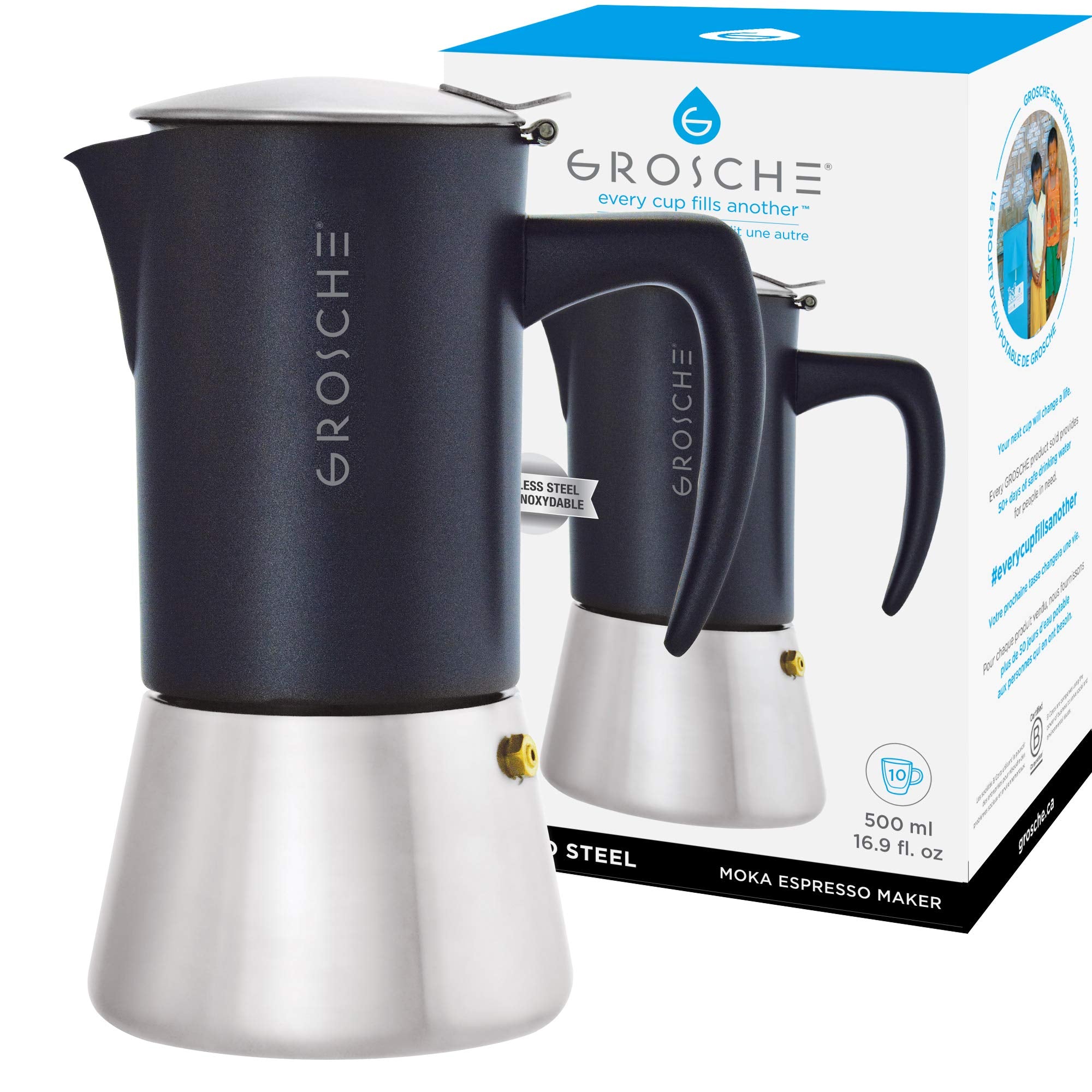 Grosche Milano Steel | 10 Espresso Cup | Stovetop Espresso Maker: Stainless Steel Moka Pot For Greca, Induction, Electric & Gas