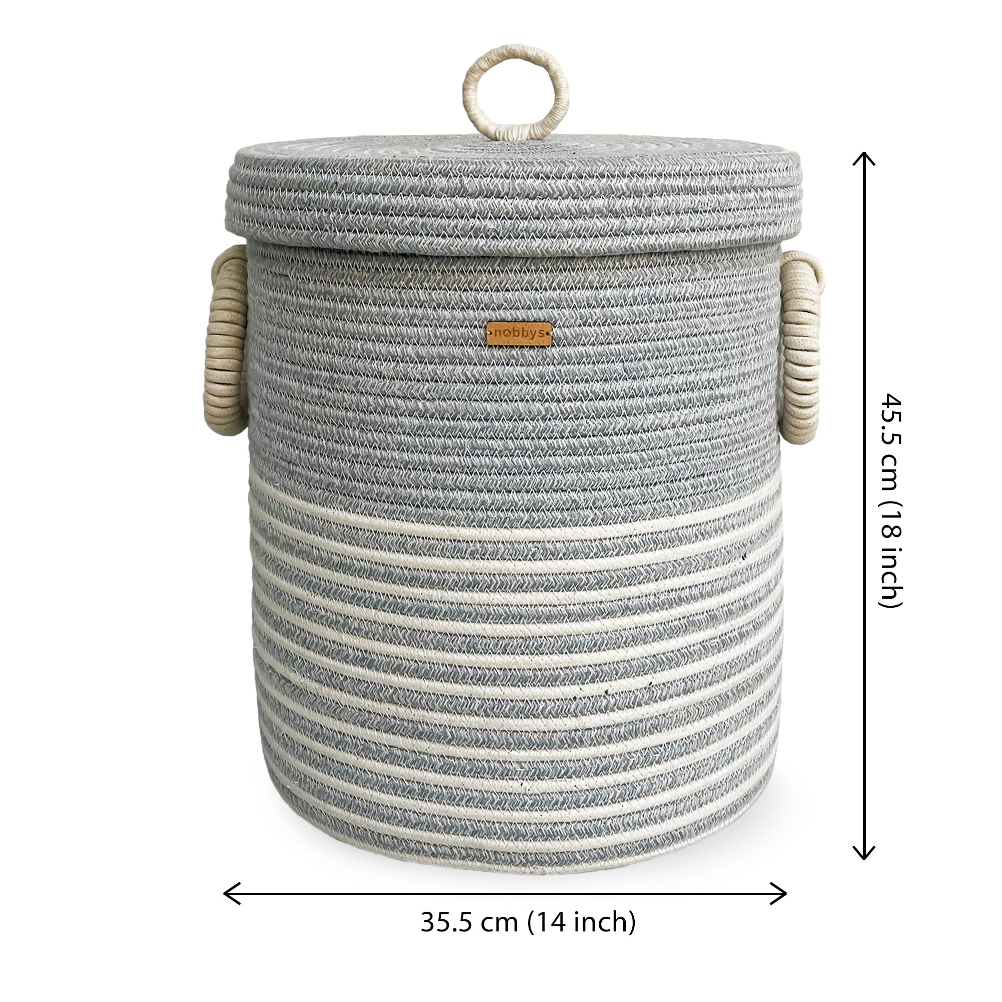 Nobbys Cotton Laundry Basket with Lid and Bottom Spacers - Pastel Blue - (14D x 18H) (2024 Edition)