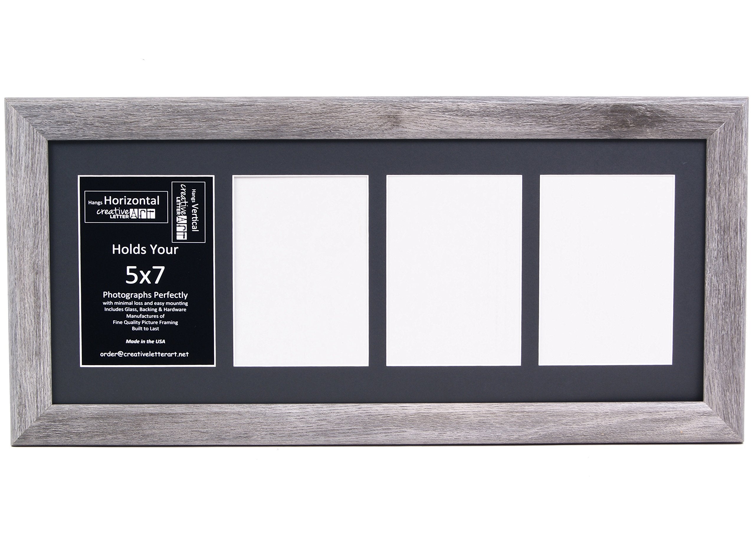 Creative Letter Art 4 Opening Driftwood Picture Frame with Glass to hold 5 by 7 inch Photographs including 10x24-inch Black Mat 