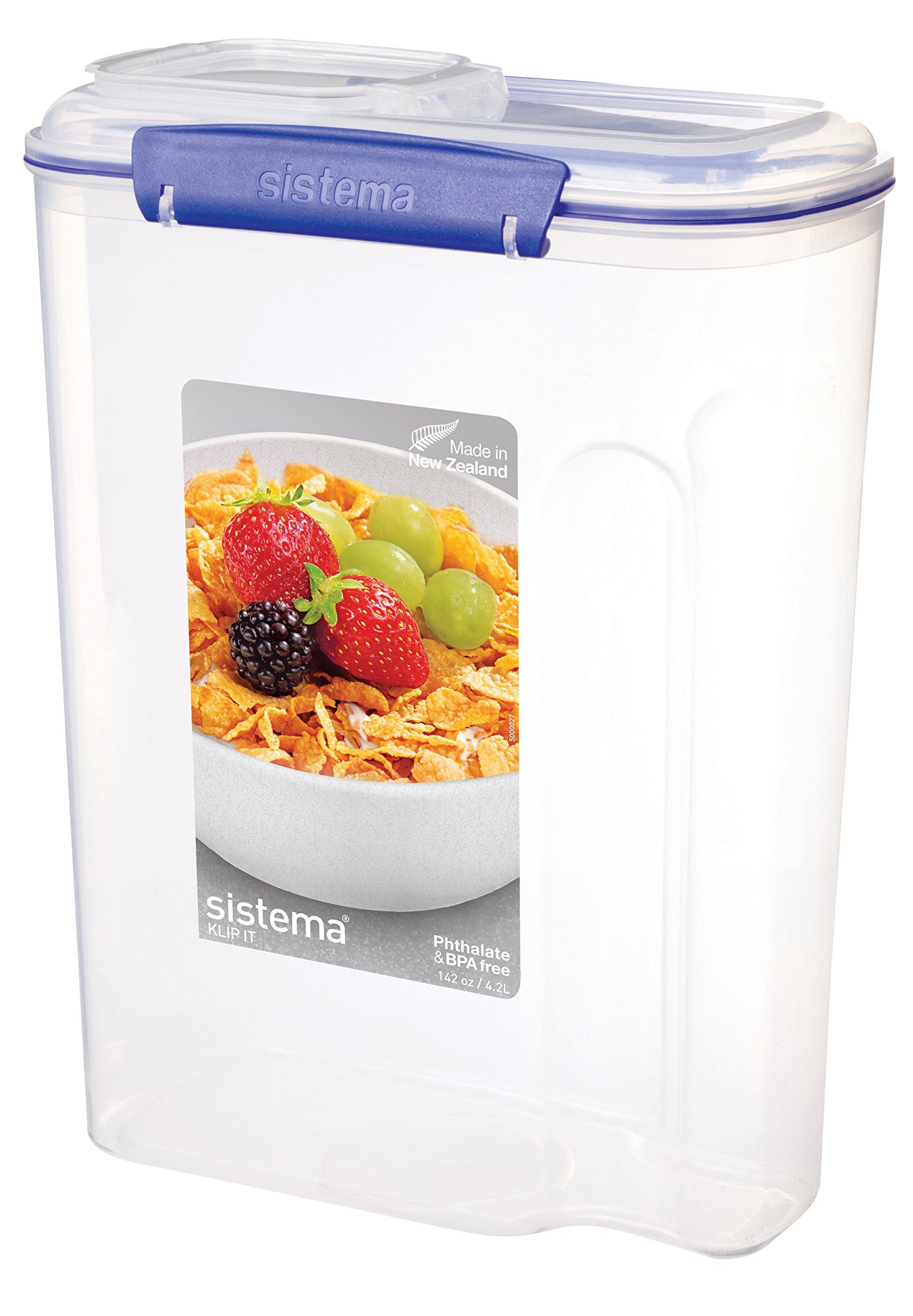 Sistema Klip It Utility Collection Cereal Container, 142.0 Oz./4.2 L, Clear/Blue