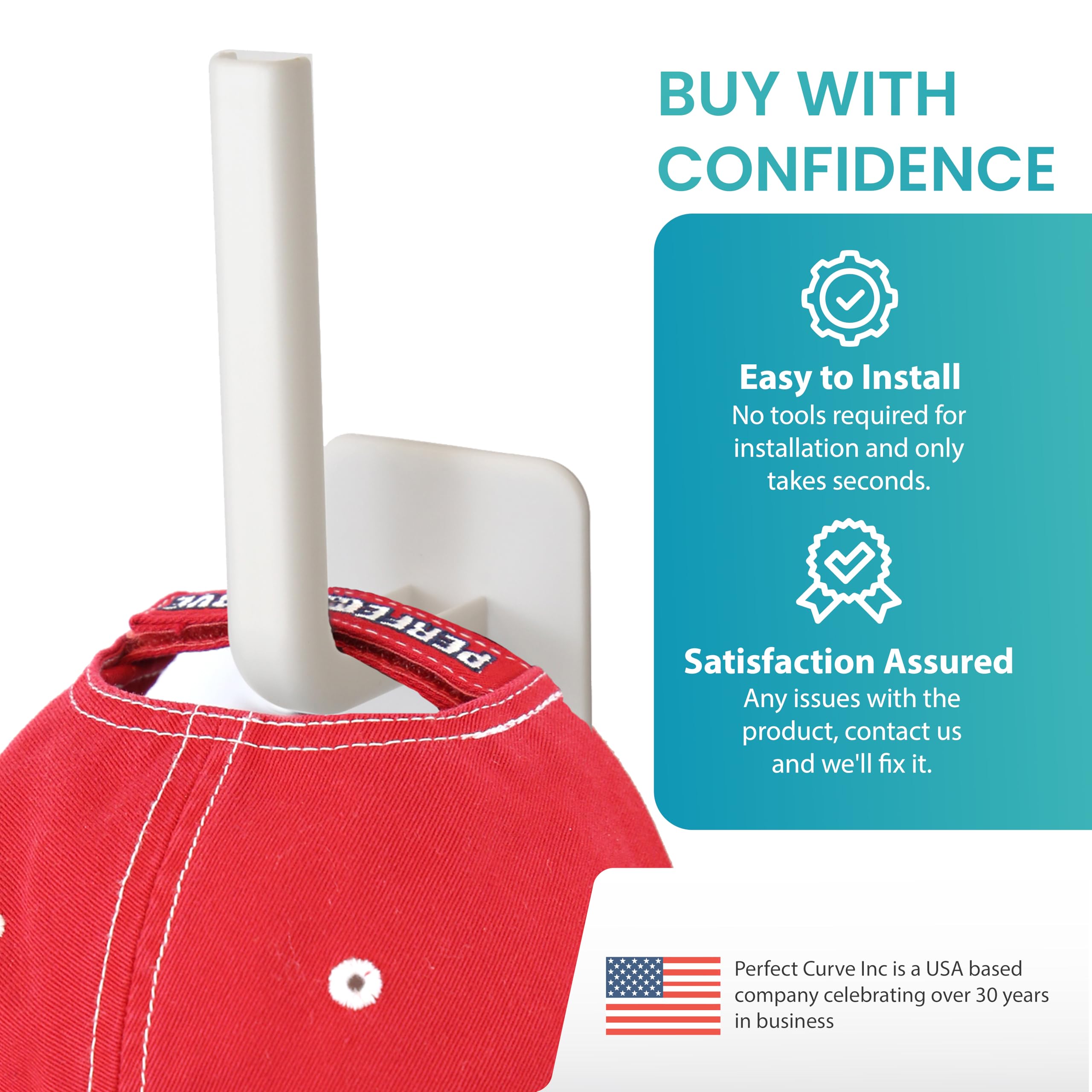 Perfect Curve Hat Storage Hooks - 4-Pack, Durable Plastic, No Drilling, White, 2.5 x 3 x 6, Model 12270A