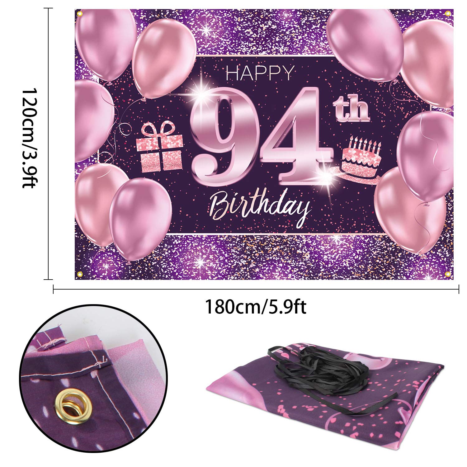Pakboom Happy 94Th Birthday Banner Backdrop - 94 Birthday Party Decorations Supplies For Women - Pink Purple Gold 4 X 6Ft