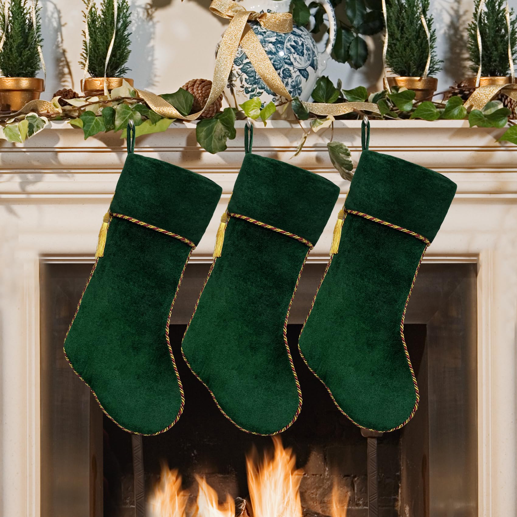 Ugiftcorner Green Christmas Stockings 5 Pack Velvet Christmas Stockings with Green Tassel Decorations for Fireplace Holiday Part