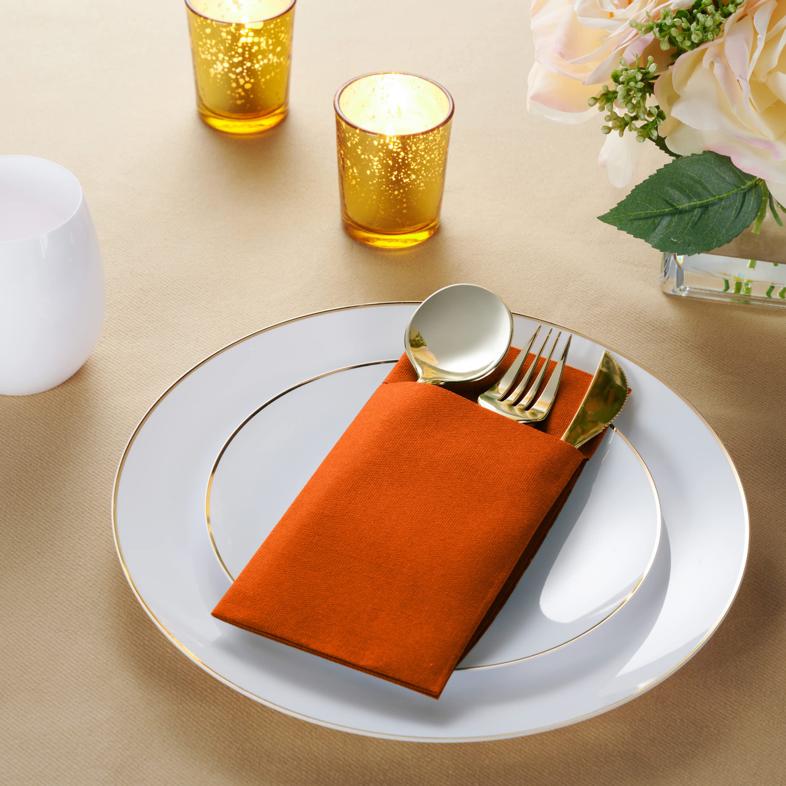 Disposable Linen-Feel Dinner Napkins with Built-in Flatware Pocket  50-Pack ORANGE Prefolded Cloth Like Paper Napkins For Dinner  Wedding Or Party [Silverware NOT Included]