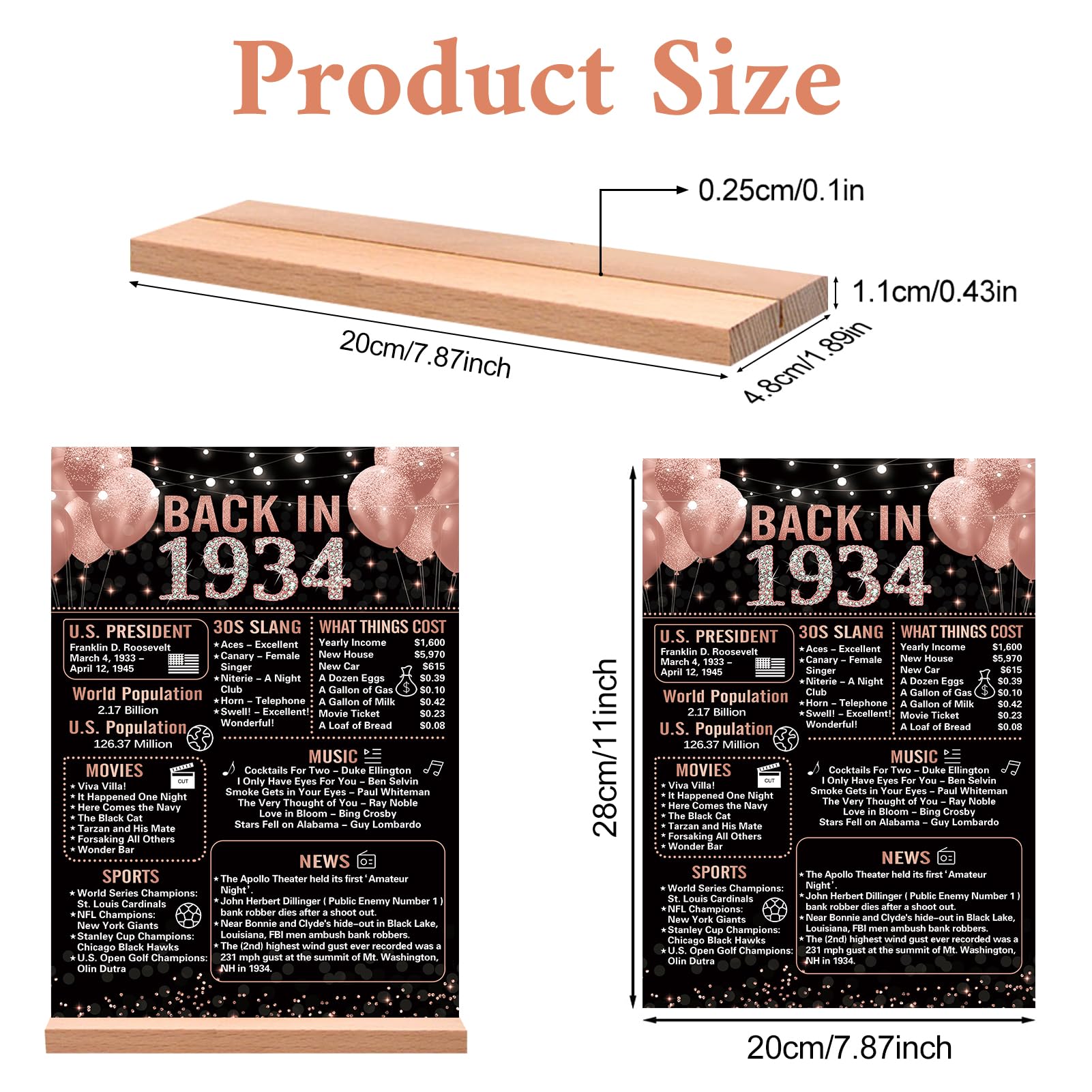 Trgowaul 90Th Birthday Anniversary Decorations For Women, Rose Gold Back In 1934 Birthday Poster Acrylic Table Sign With Stand,