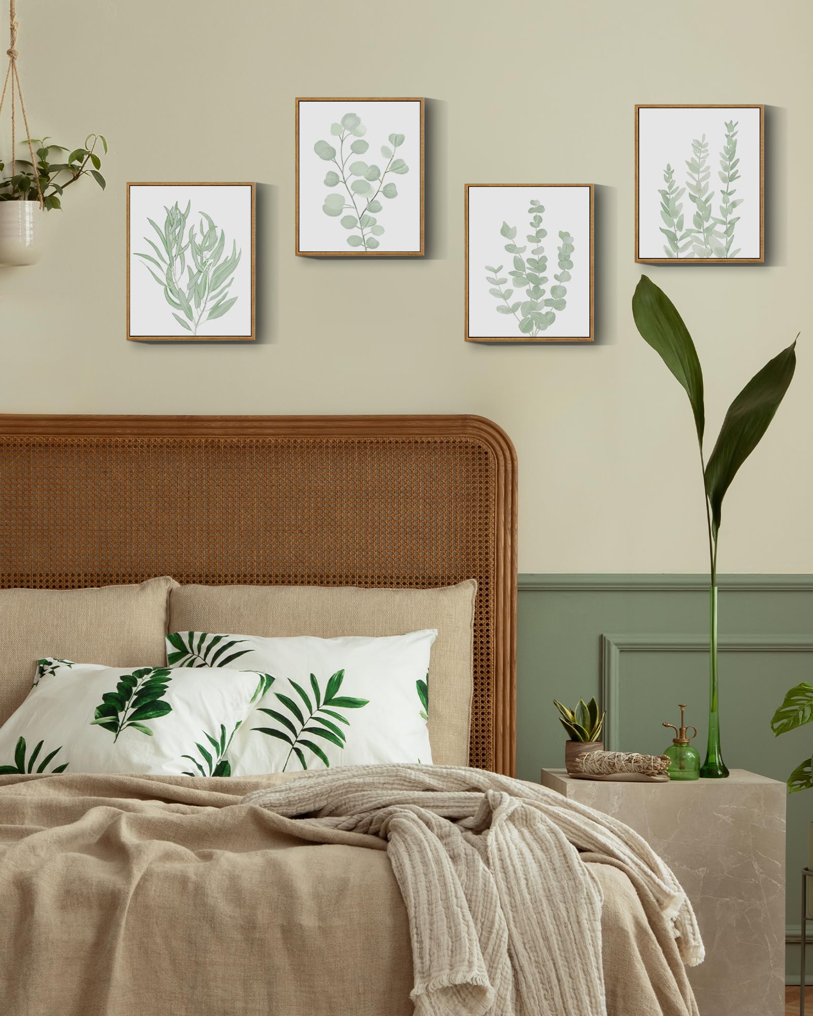 Drsoum Framed Botanical Plant Canvas Wood Wall Art Light Green Sage Wa ...