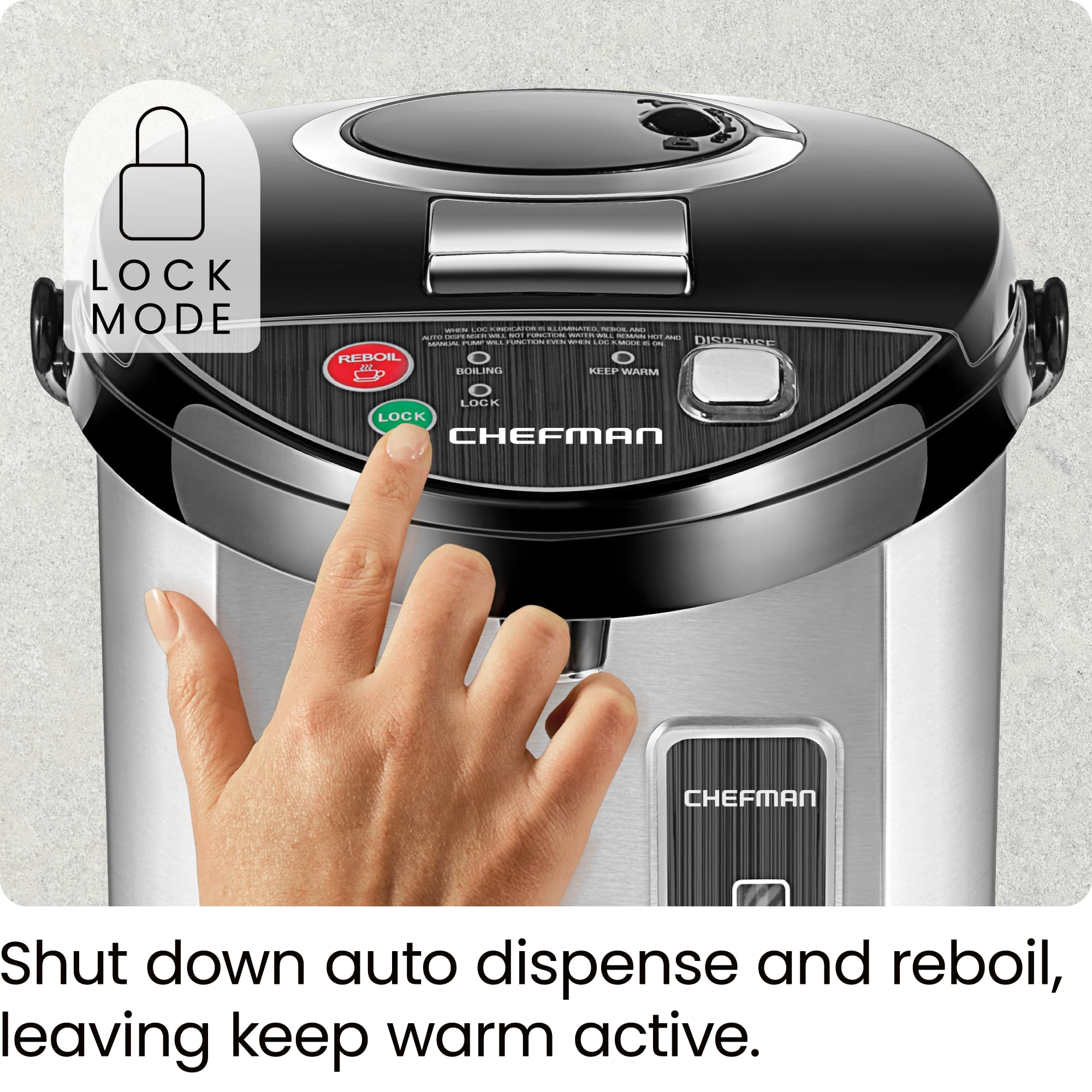 Chefman Electric Hot Water Pot Urn W/Auto & Manual Dispense Buttons, Safety Lock, Instant Heating For Coffee & Tea, Auto-Shutoff