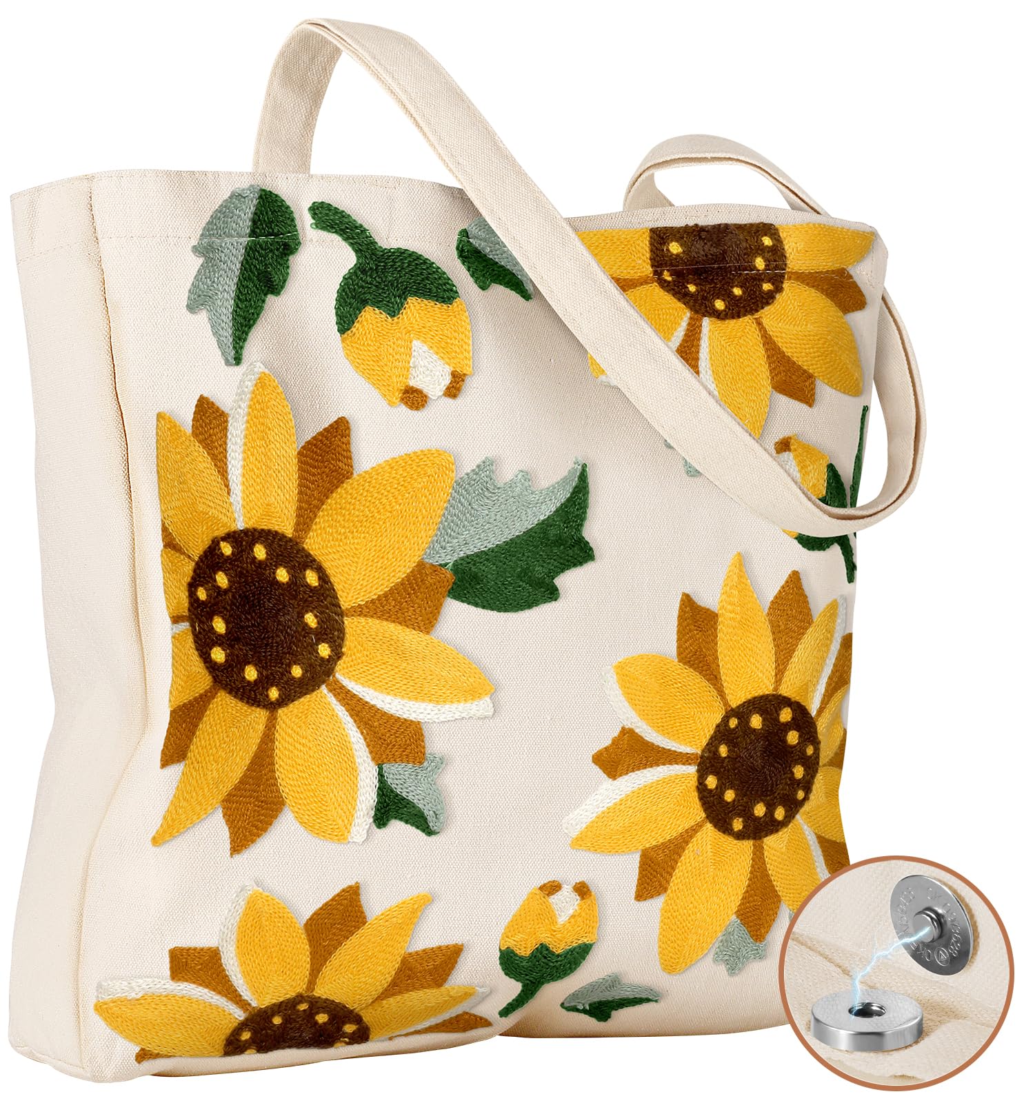Miss Adola Aesthetic Embroidery Tote Bag for Women - Reusable Canvas Cloth Shoulder Bag with Cute 3d Sunflowerl Embroidered Desi