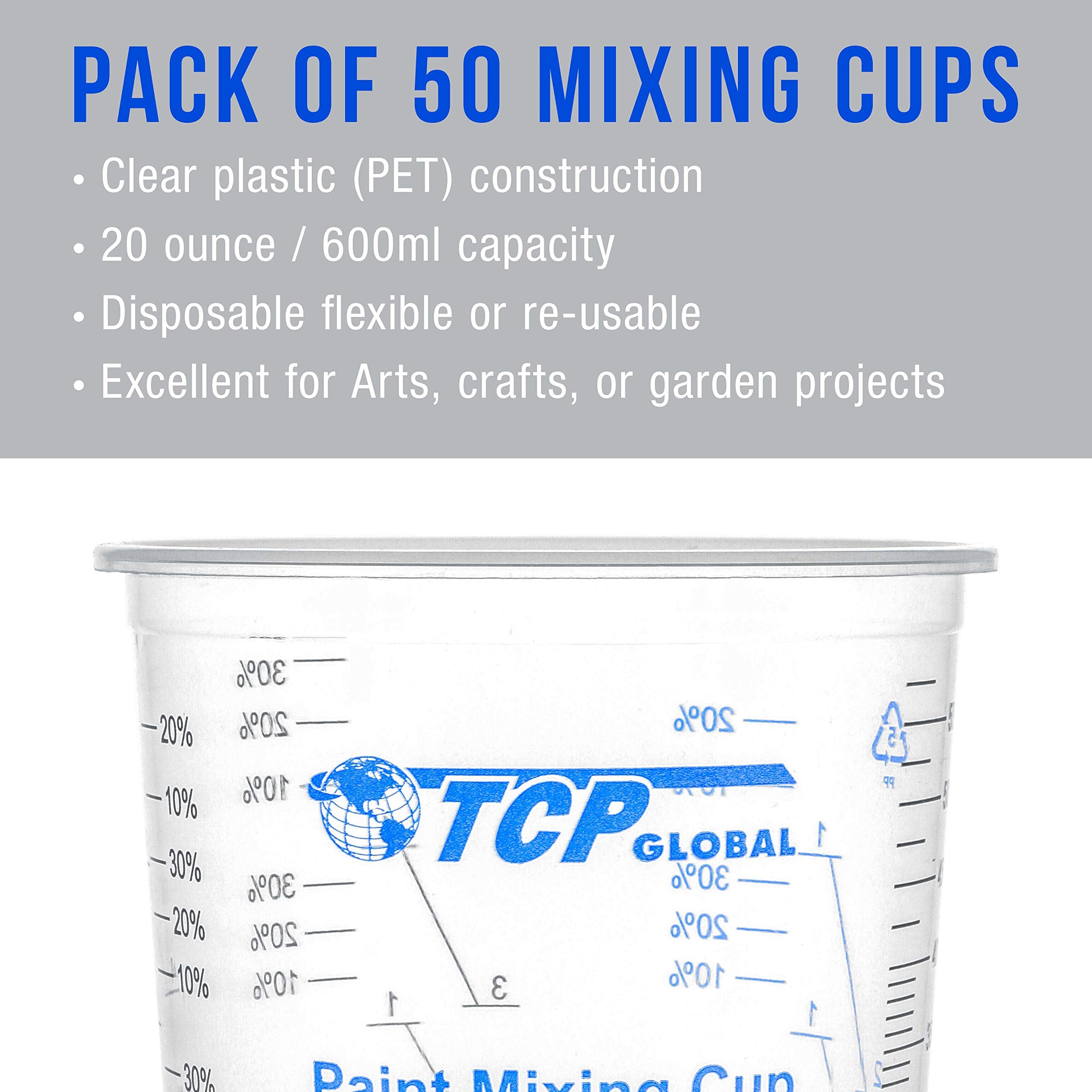 Tcp Global 20 Ounce (600Ml) Disposable Flexible Clear Graduated Plastic Mixing Cups - Box Of 50 Cups & 50 Mixing Sticks - Use Fo