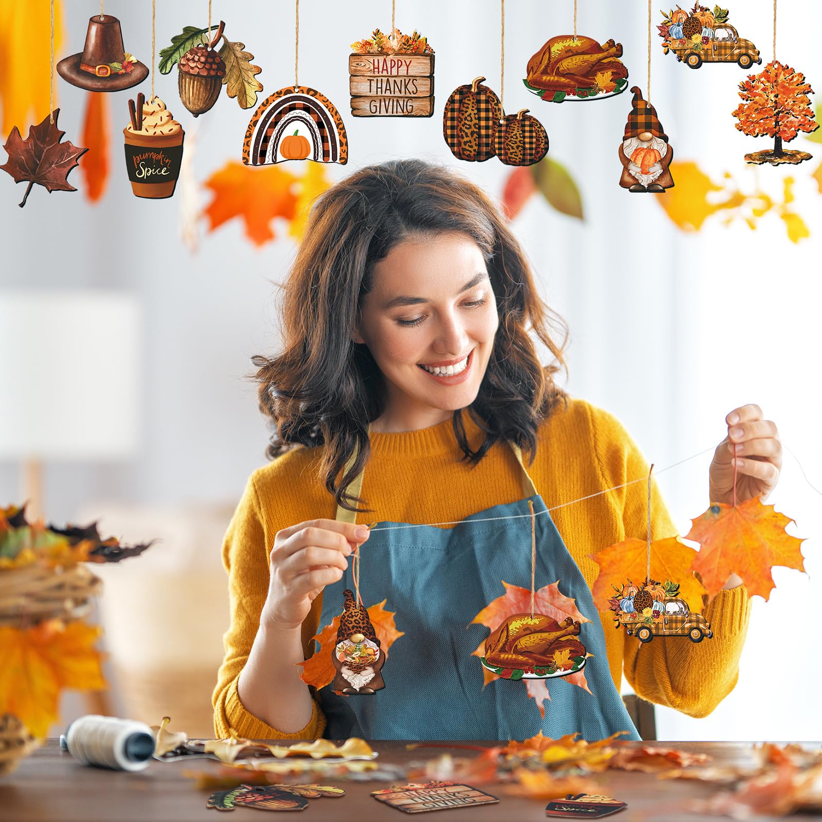 Soaoo 36 Pcs Thanksgiving Ornaments for Small Tree Thanksgiving Tree Decorations Turkey Pumpkin Fall Maple Leaves Truck Cutouts