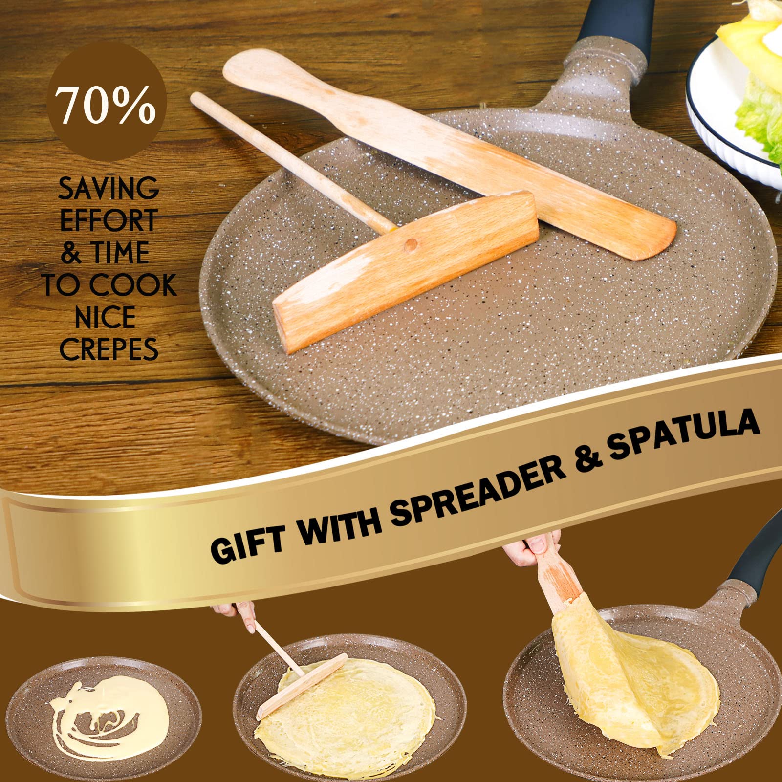 Diig Crepe Pan Nonstick 11 Inch With Spreader Spatula, No Stick Pancake Pan For Cooking, Brown Griddle For Peep, Frying Egg, Ste