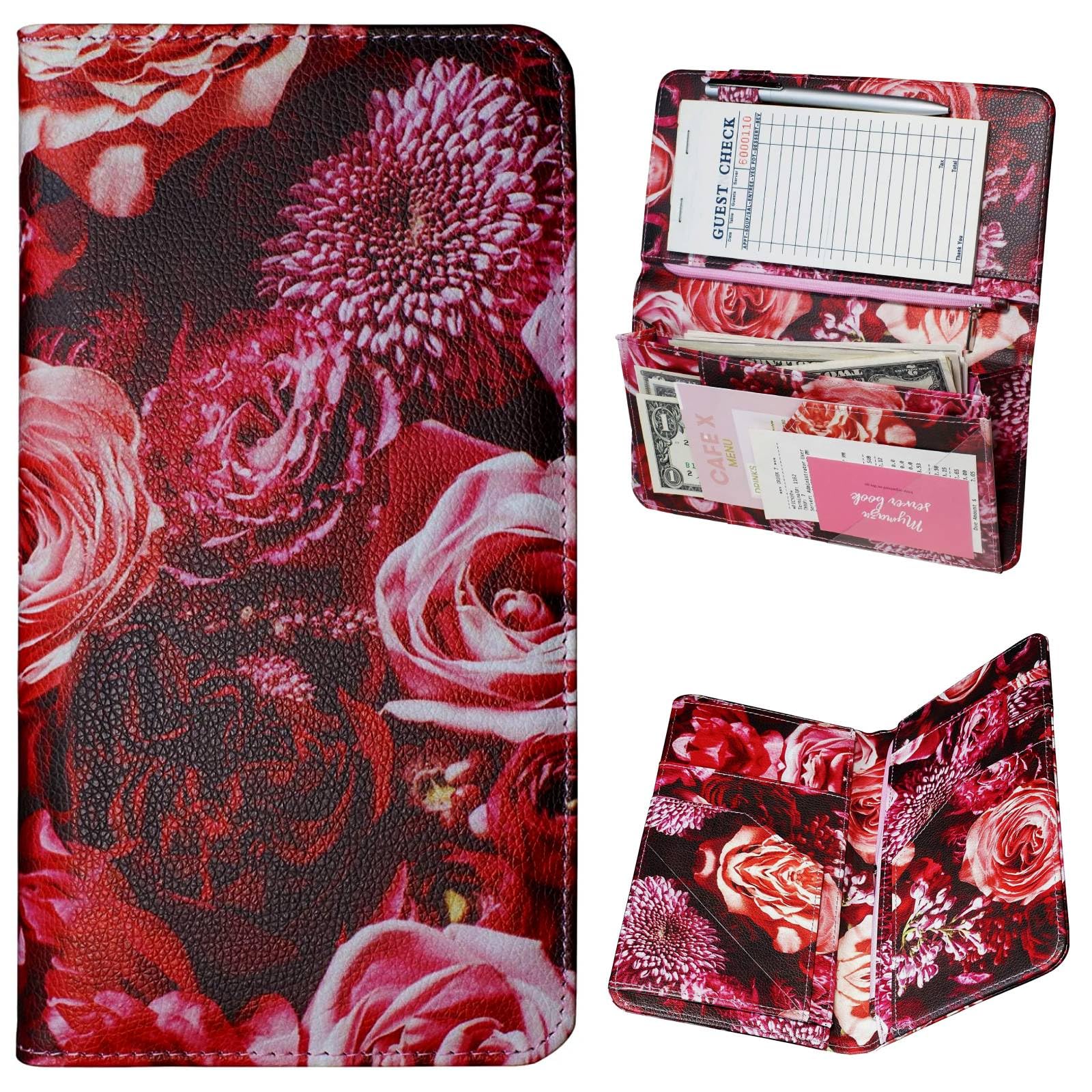 Server Book For Waitress With Zipper And Magnetic Pocket 5'' X 9'' Rose Flower Waitress Book Red Waiter Book Wallet Restaurant W