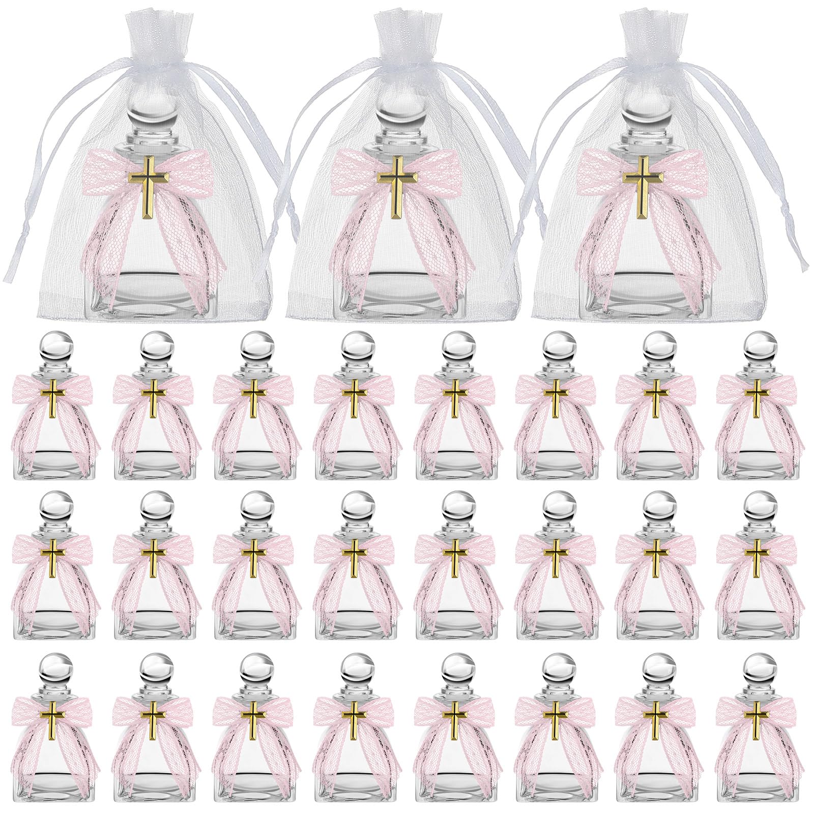 Chuangdi 24 Set Holy water Bottles Catholic Clear Holy water Container 50ml Christian Glass Bottle with 24 Cross Lapel Pin and L