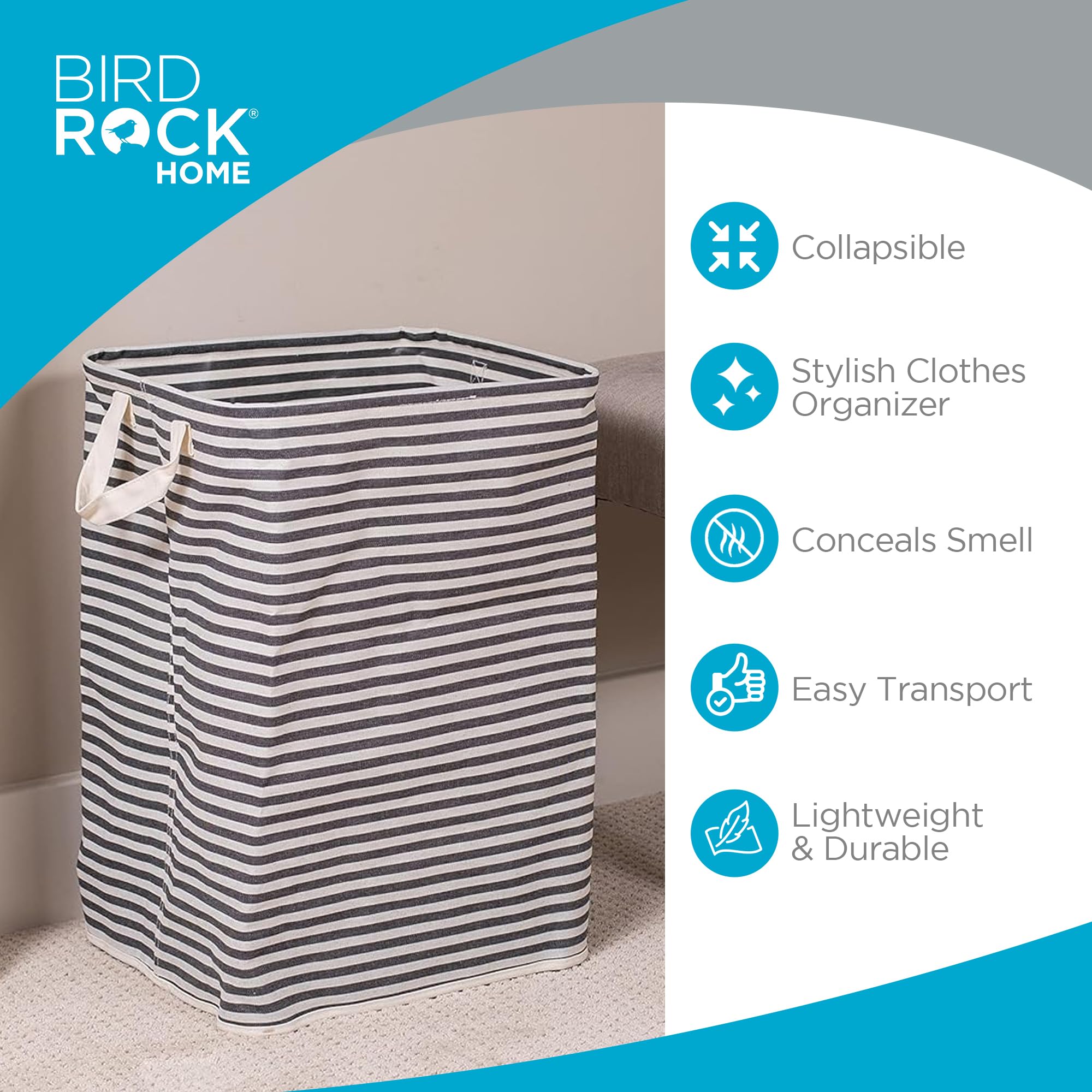 Birdrock Home Laundry Hamper Bin Basket For Clothes, Compact Slim Collapsible Organizer For Dirty Clothes - Ideal For Small Spac