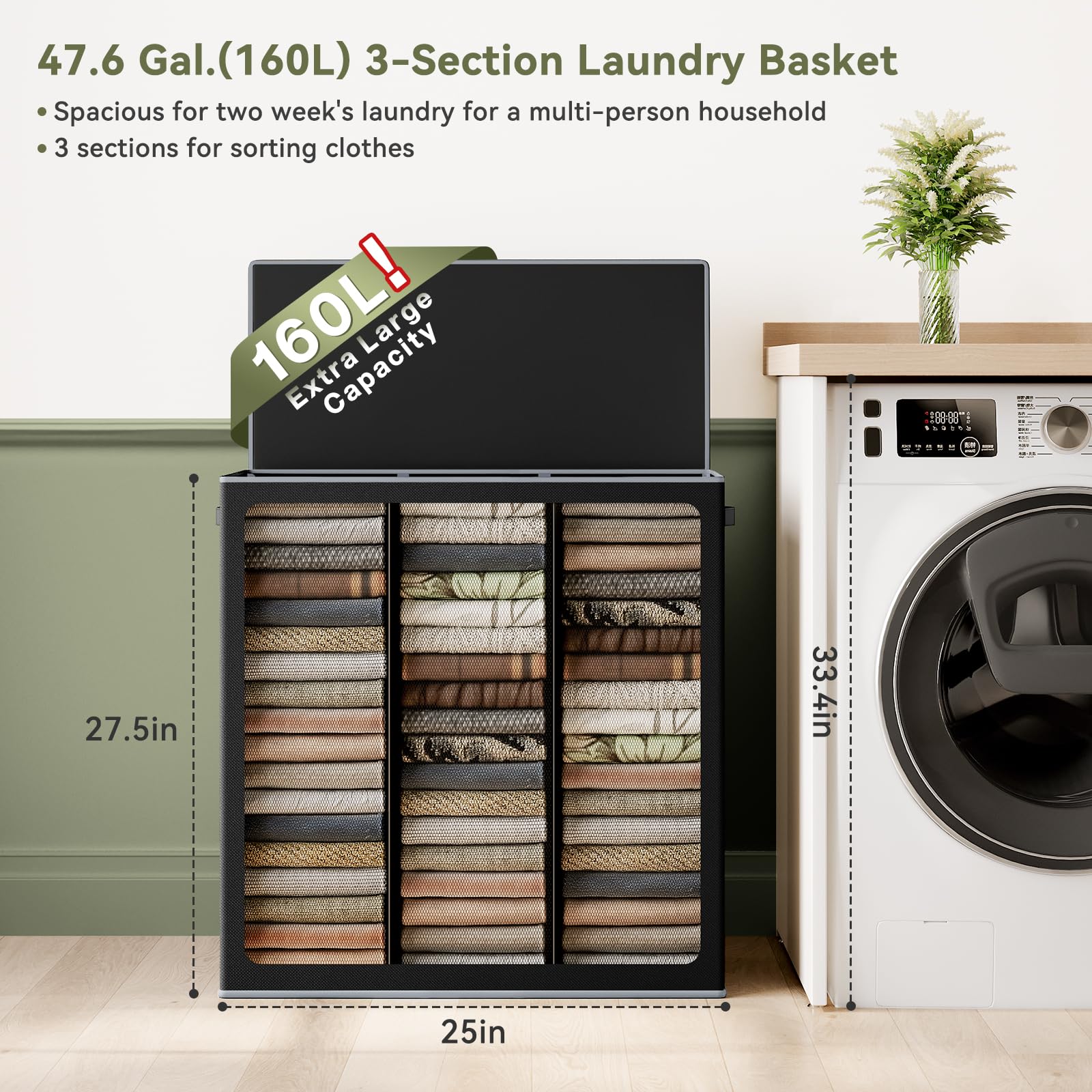 Soledi 160L Laundry Hamper 3 Section, Extra Large Laundry Hamper With Lid, Dirty Clothes Hamper With Sturdy Handle, Large Laundr