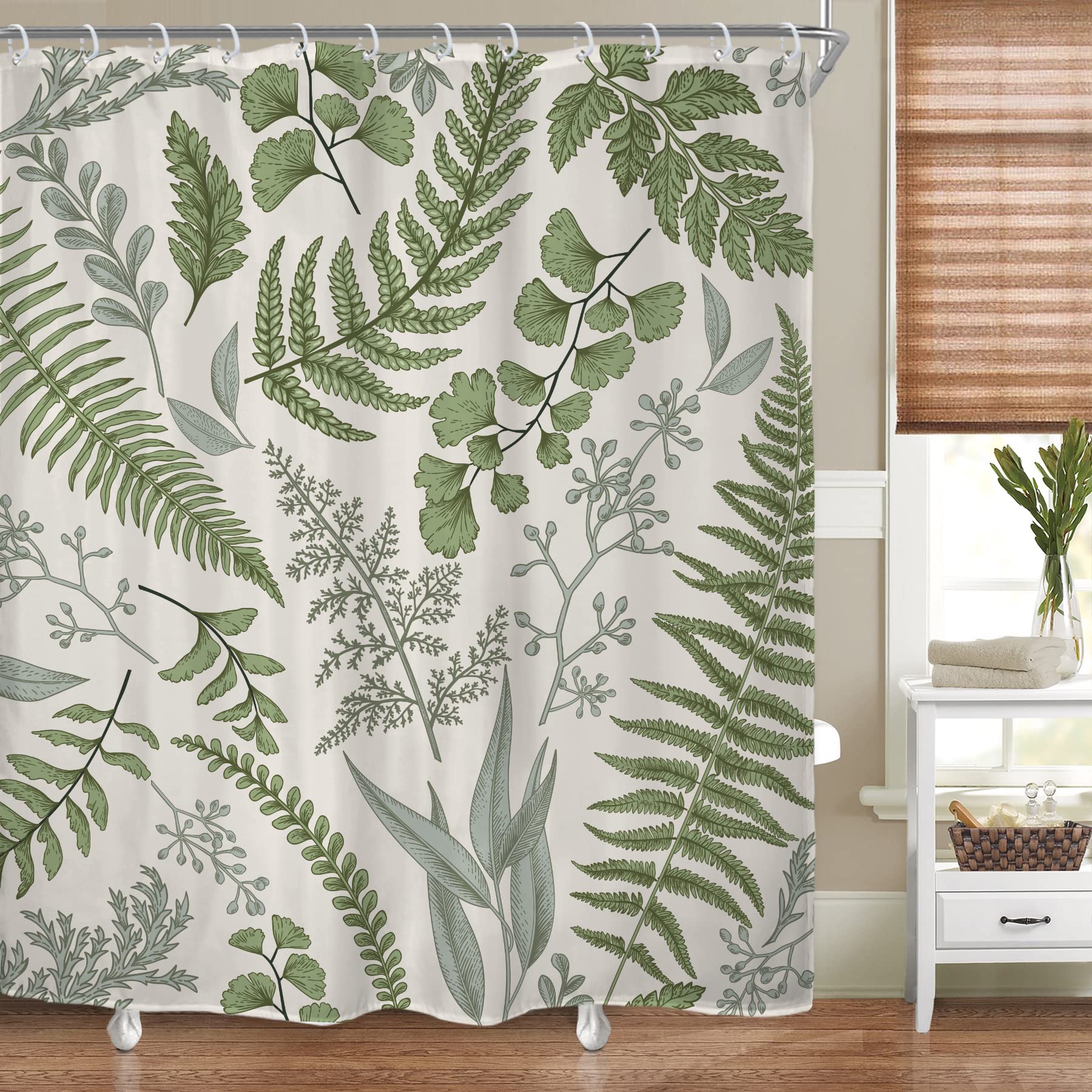 Riyidecor Sage Green Fern Leaves Shower Curtain For Bathroom Decor 60Wx72H Rural Eucalyptus Plant Natural Farmhouse Floral Botan