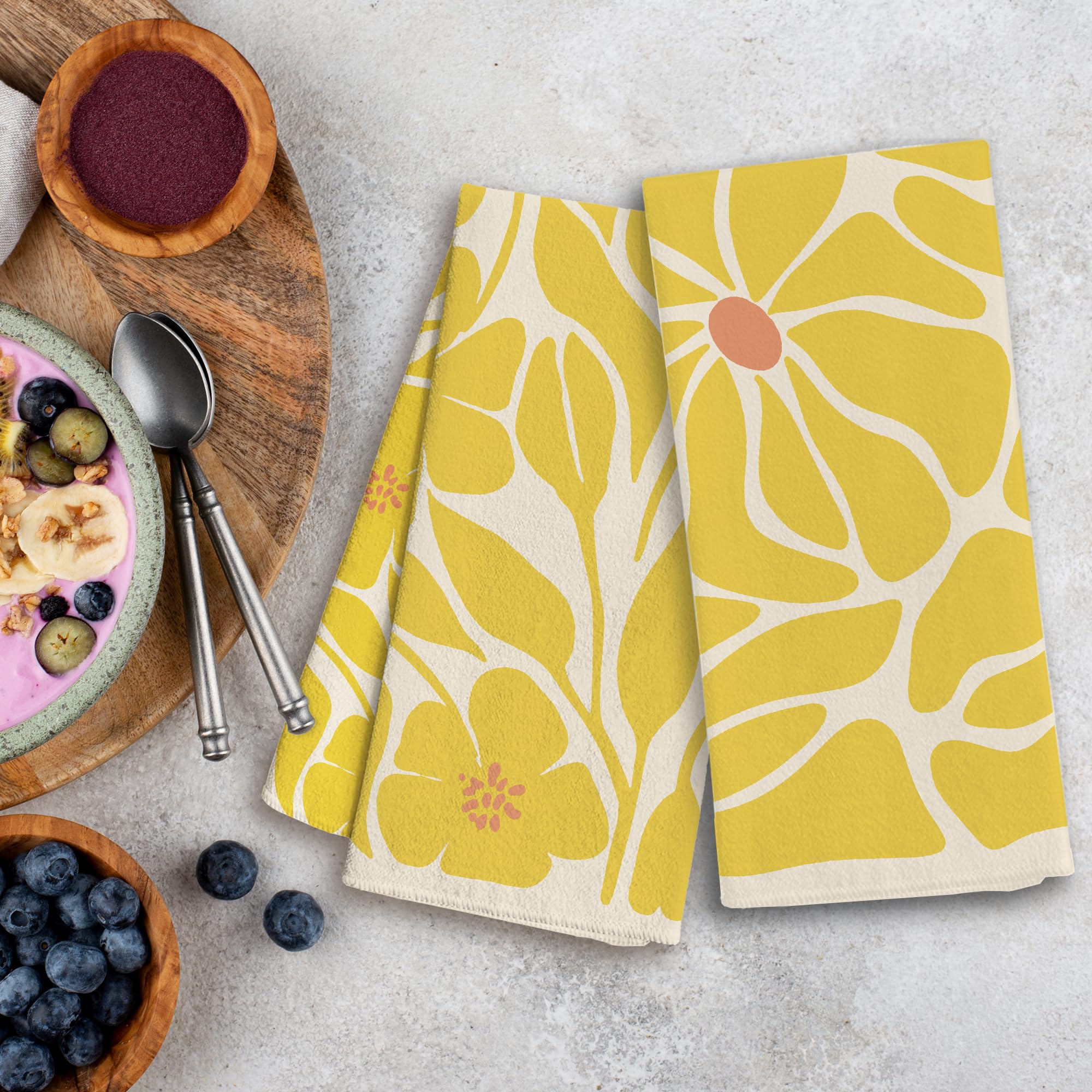 Wfsm Yellow Floral Kitchen Towels Set Of 2- Yellow Floral Hand Towels, Yellow Dish Towels, Decorative Kitchen Towels, Flower Dec