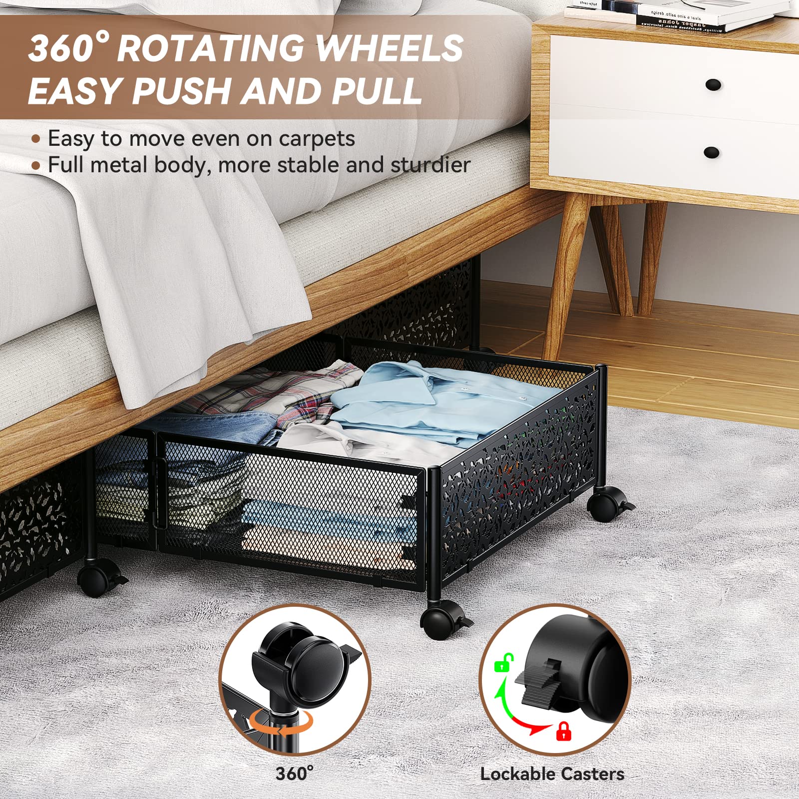 Under Bed Storage Containers with Wheels, Under Bed Shoe Storage Organizer Drawer, Tool-free Assembly Metal Storage Containers f