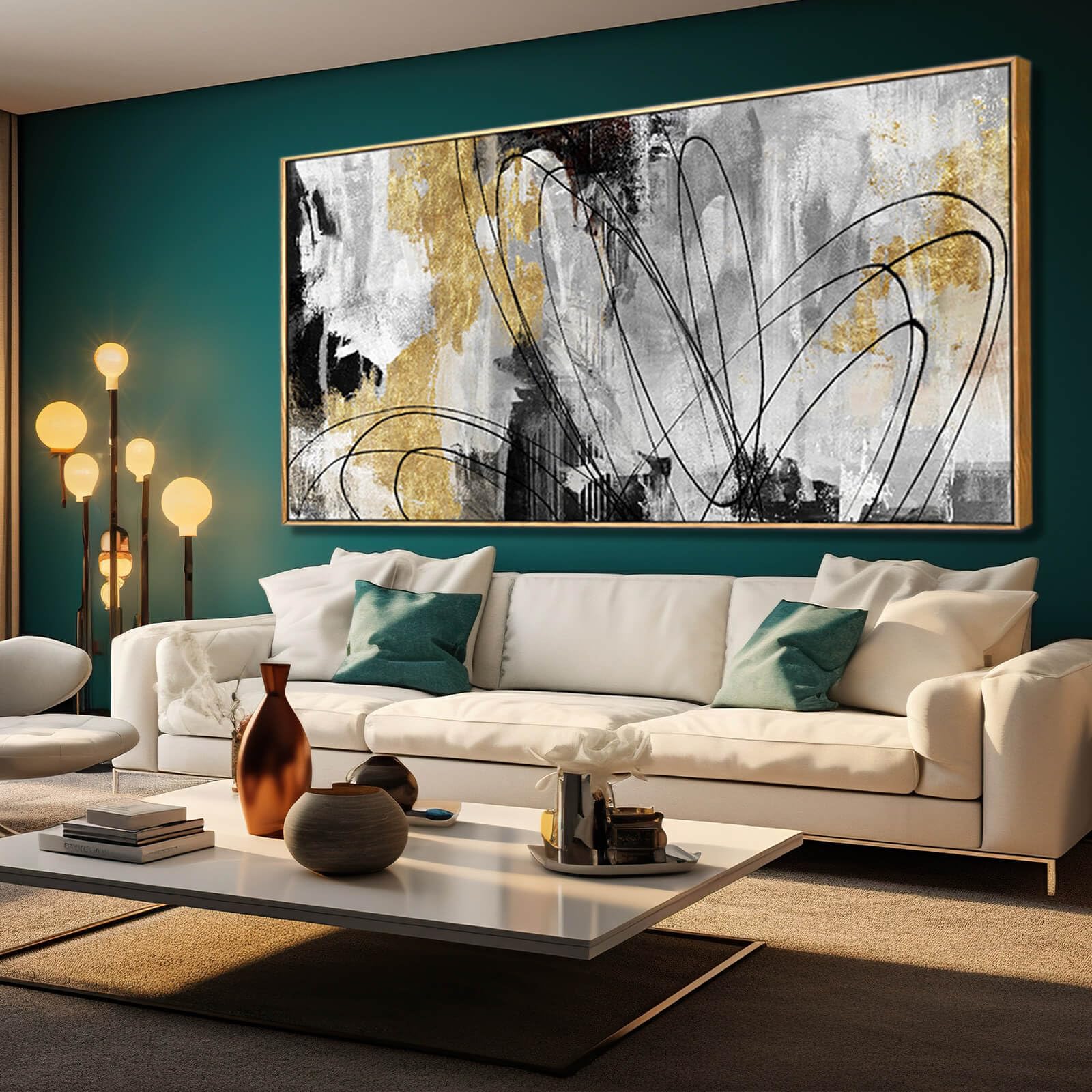 Large Canvas Wall Art Gold Abstract Paintings 29X58 Inch Wooden Framed Artwork Black Line Painting For Bedroom Bathroom Home Dec