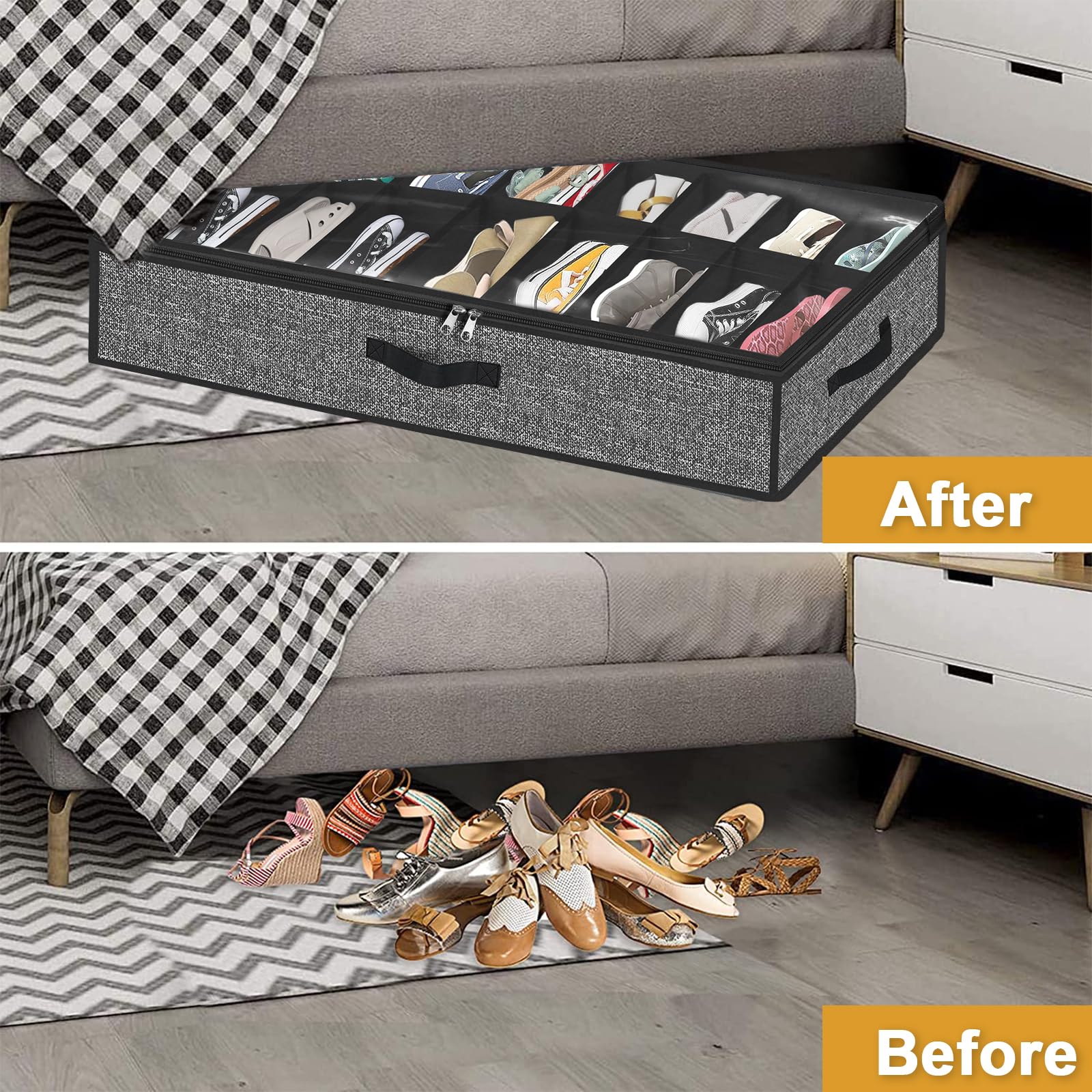 Under Bed Shoe Storage Organizer Fits 16 Pairs Shoes and 4 Pairs Boots, Underbed Shoe Storage Boxes Bins, Organizador De Zapatos