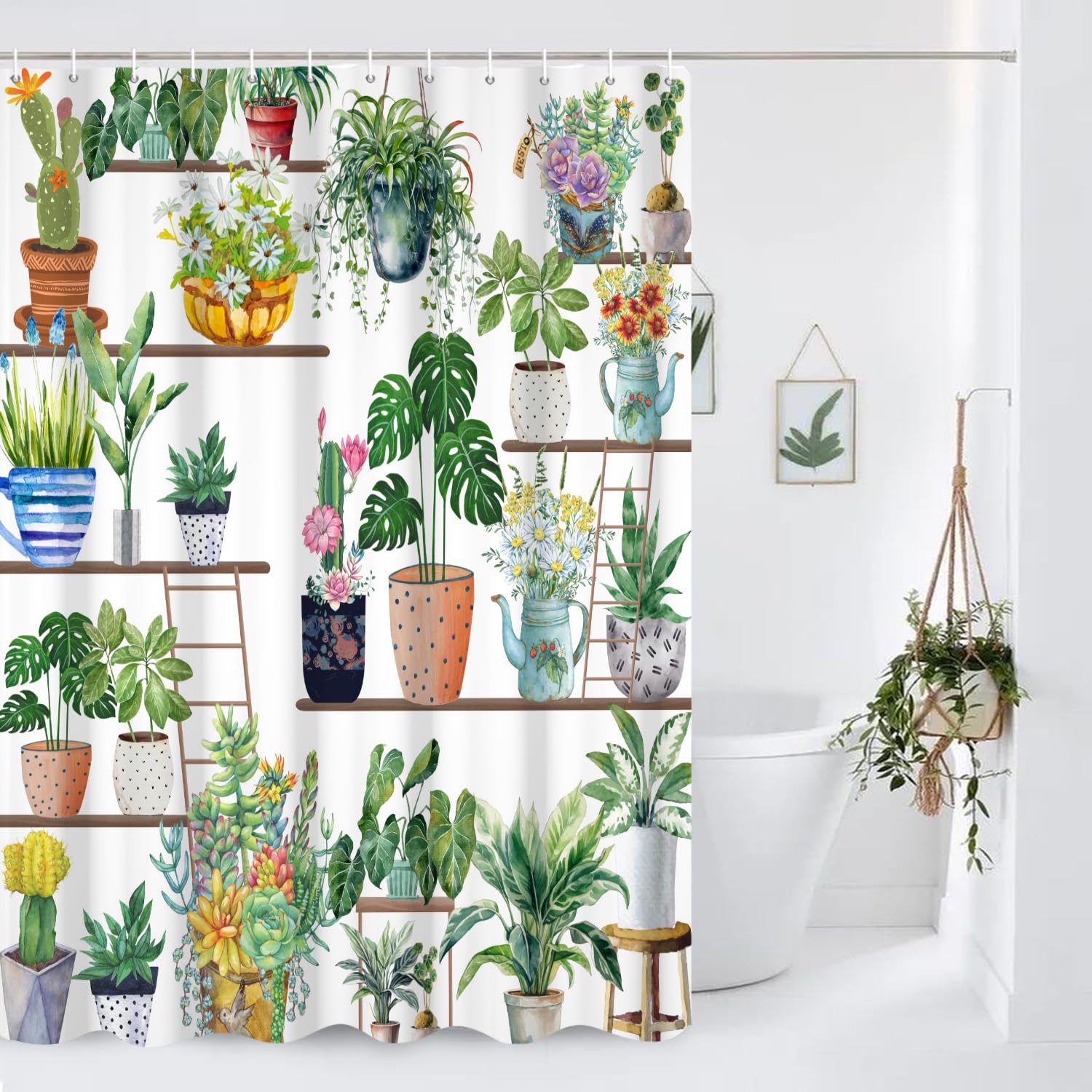 Yanutan Boho Plant Wall Shower Curtain, Spring Green Plants Flower Shower Curtain Set For Bathroom, Natural Arboretum Botanical