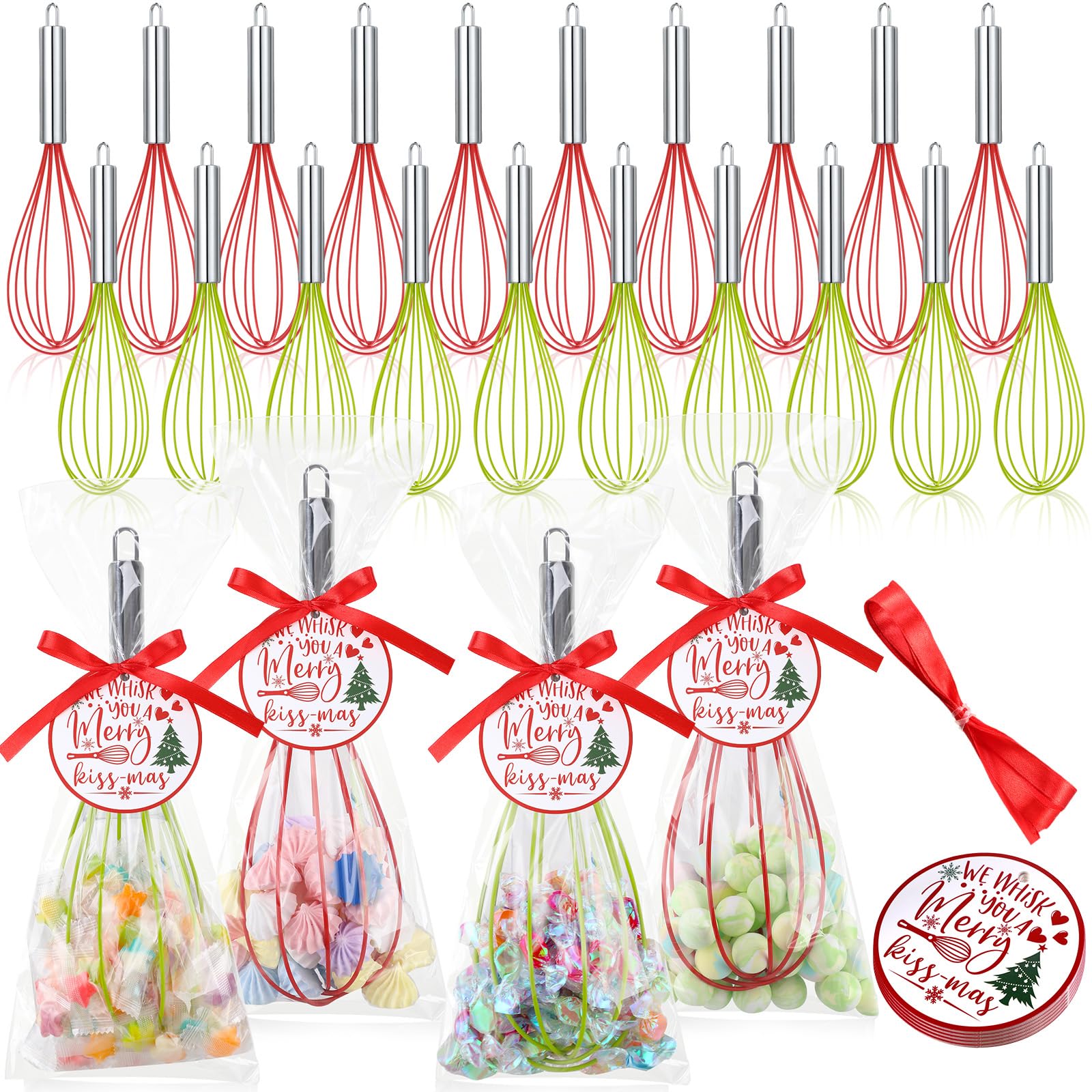 FoldTier 24 Sets 12 Inch Christmas Whisks Gifts DIY Fillable Christmas Tree Ornaments Xmas Colored Silicone Whisks for Cooking H