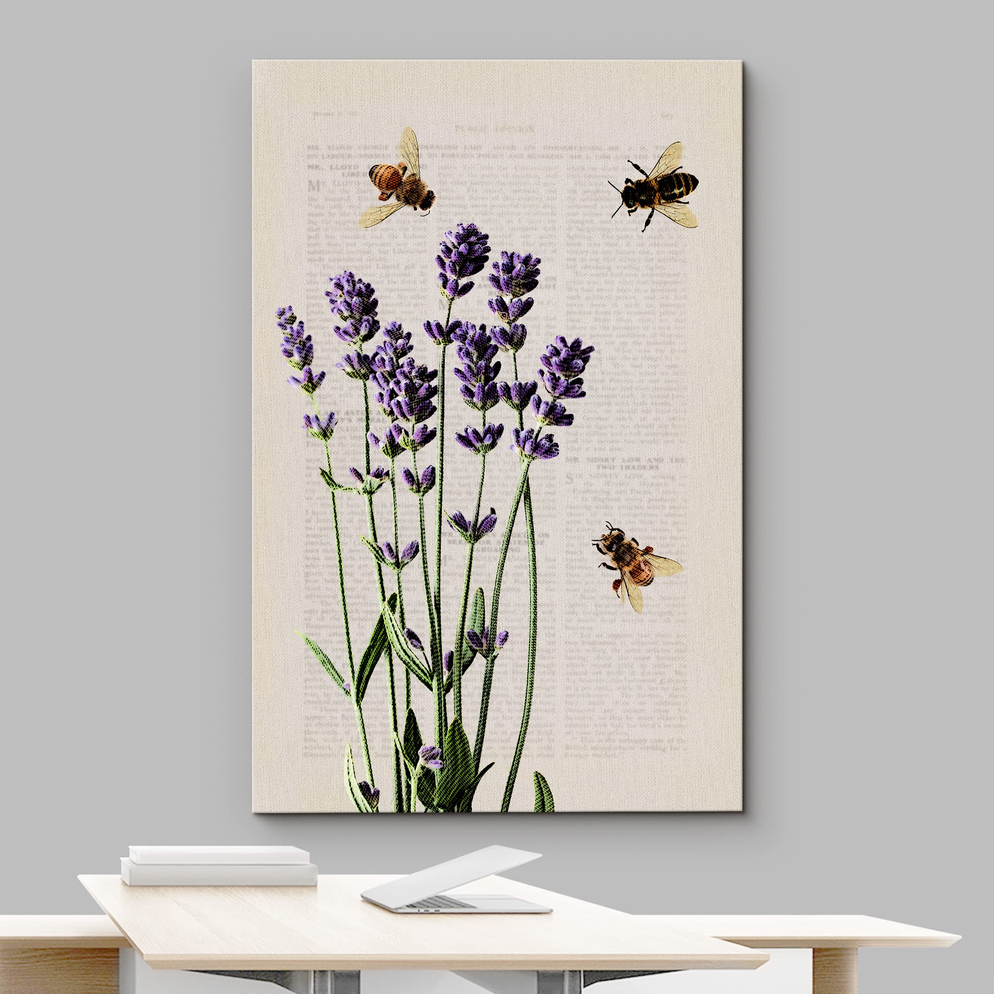 Wall26 Canvas Print Wall Art Lavender Flowers With Bees And Newspaper Print Floral Botanical Digital Art Modern Chic Scenic Colo
