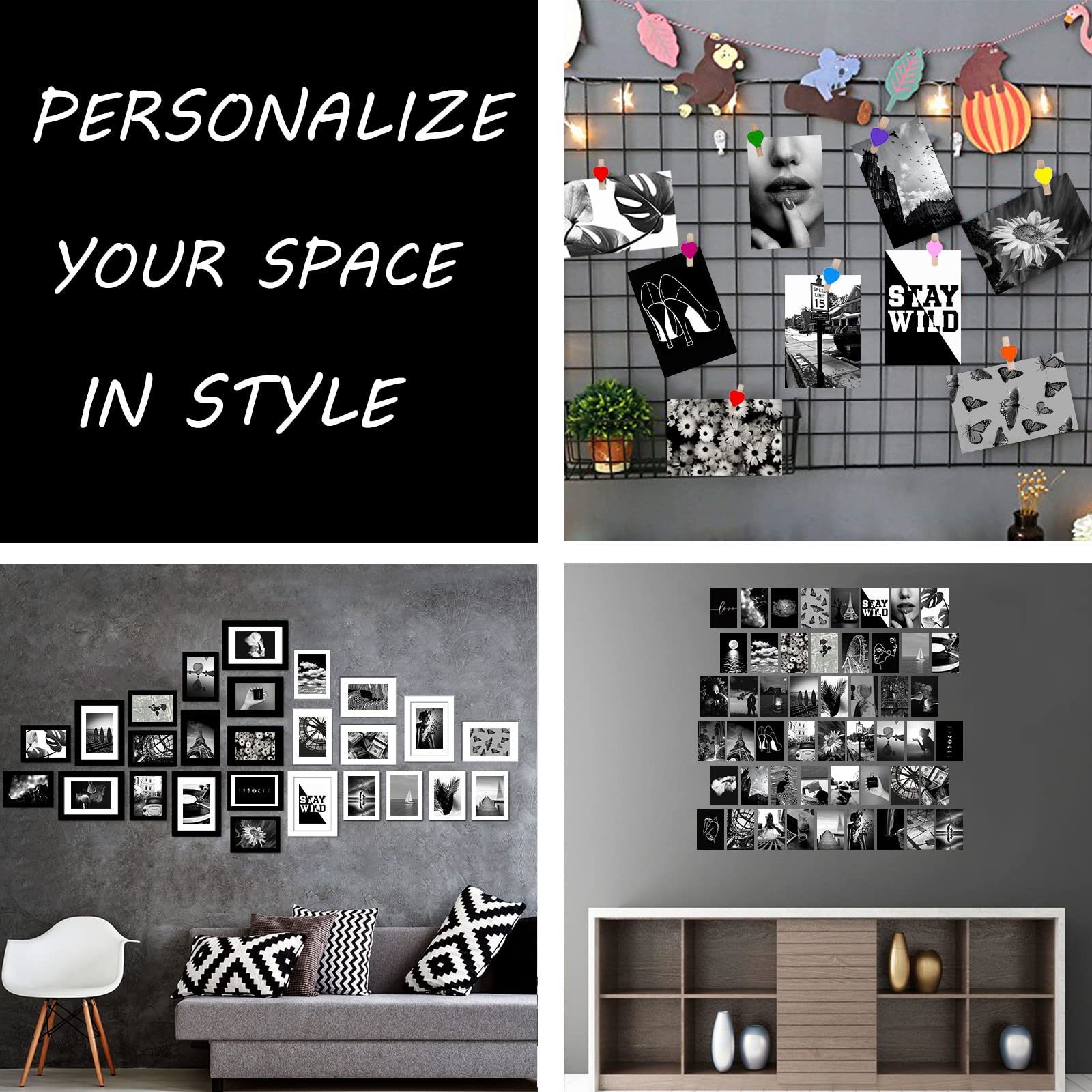 Yasowdkel Black White Aesthetic Wall Collage Kit, Aesthetic Collage Kit, 50Pcs 4X6 Inch Picture Collage Kit For Wall Aesthetic,B