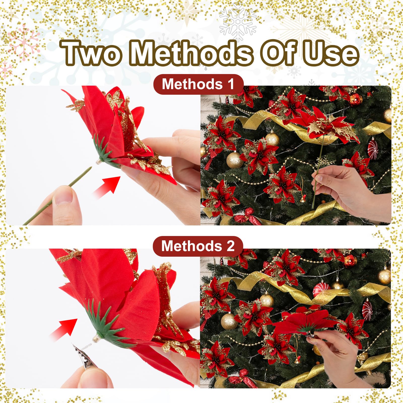 Cliselda 30Pcs Red&Gold Poinsettias Artificial Christmas Flowers with Clips, 5.5 Glitter Artificial Flower Poinsettia Decoration