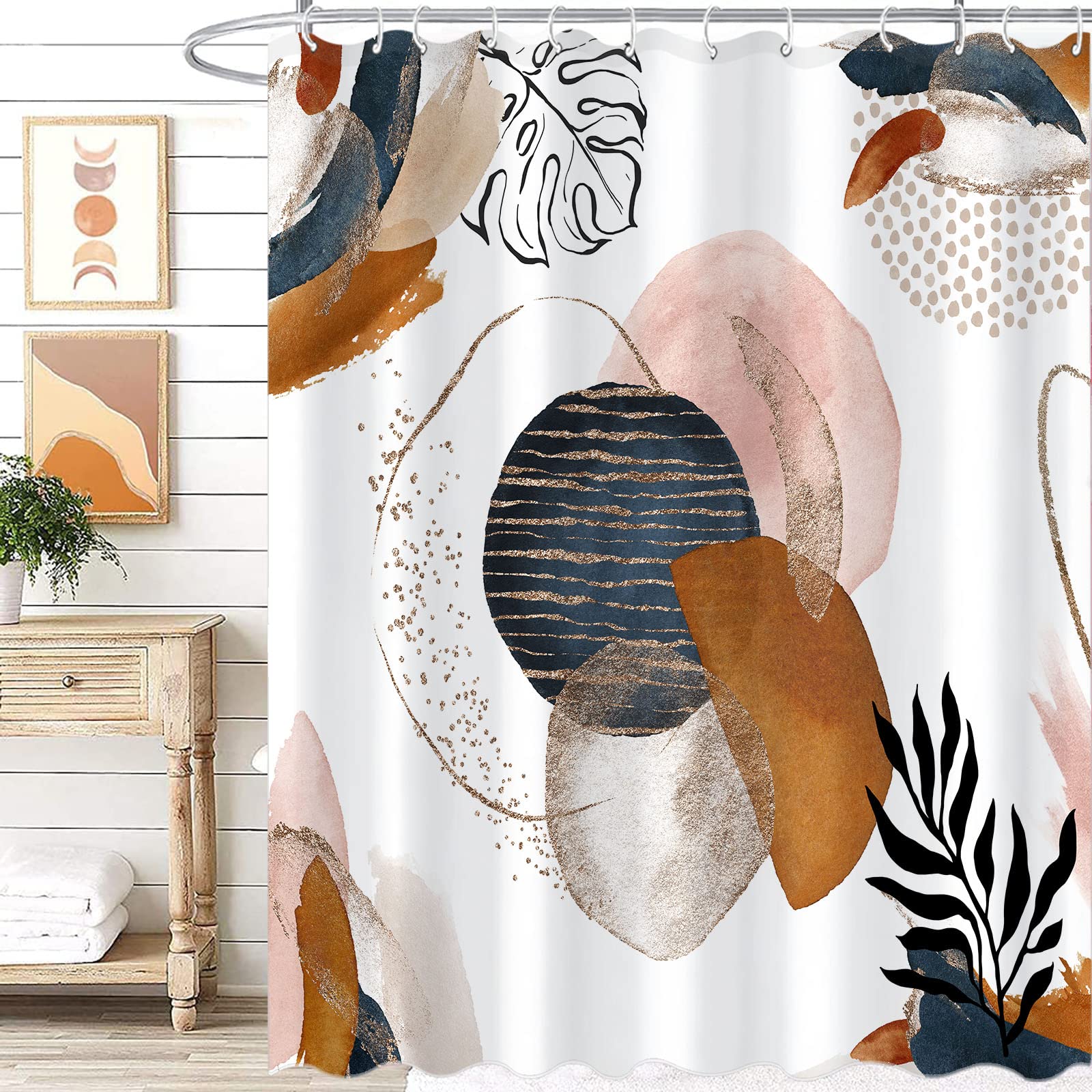 Fungarth Boho Shower Curtains For Bathroom Mid Century Navy Blue Colorful Modern Geometric Leaves Neutral Minimalist Fabric Wate