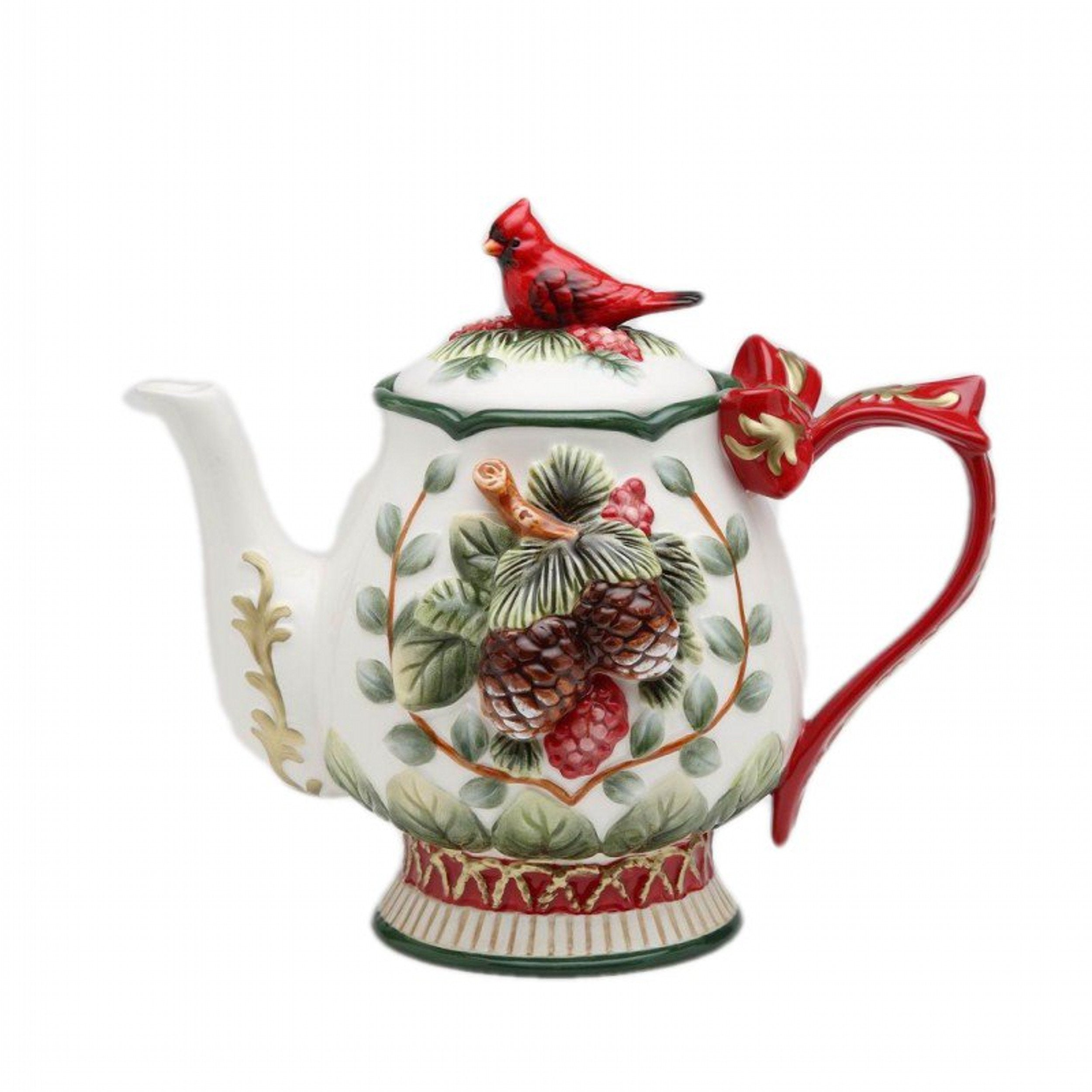 Fine Ceramic Hand Painted Cardinal and Evergreen Pine Cone Design with Red Ribbon Handle Teapot  8-1/8'' L