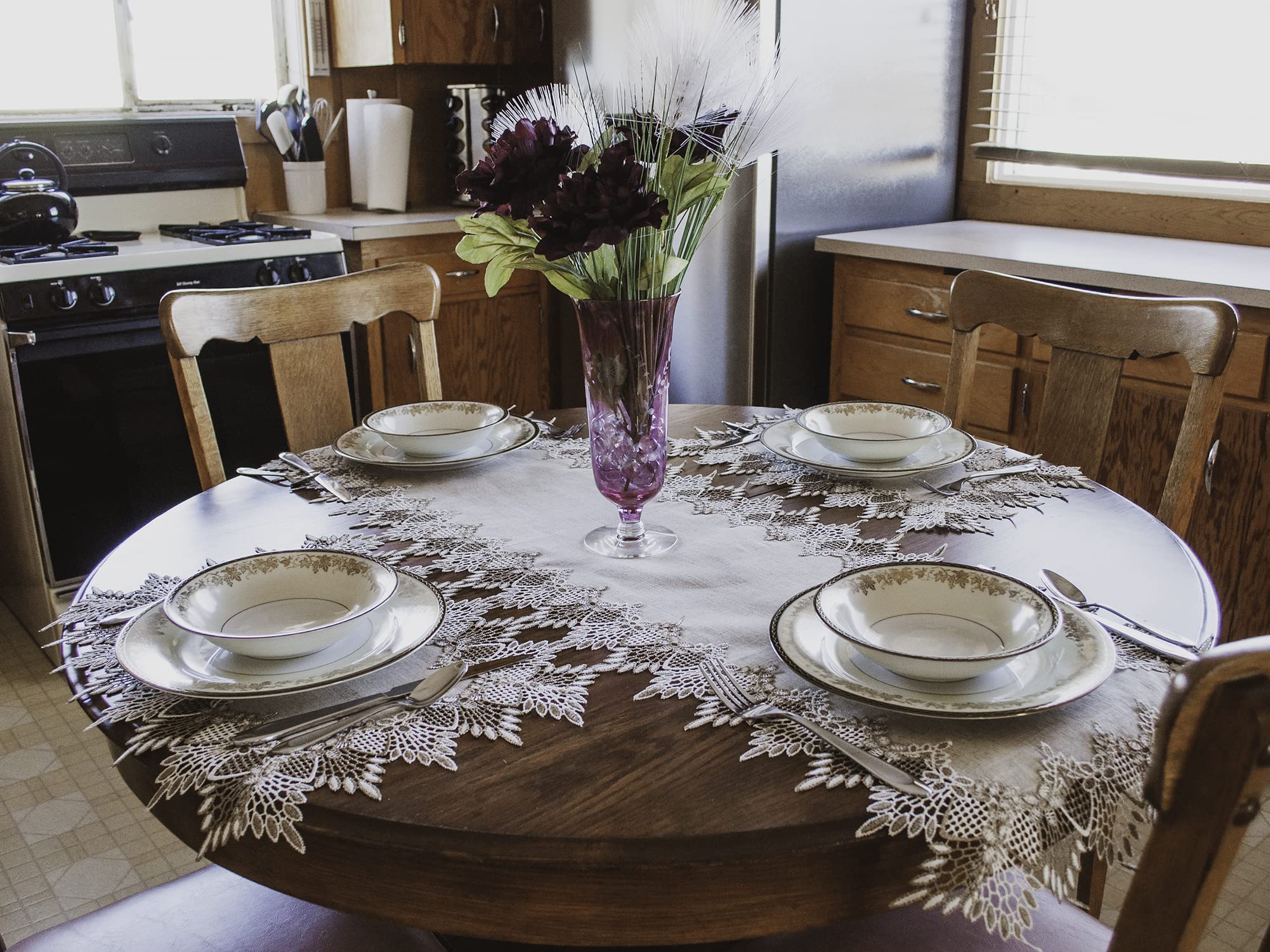 Neutral Earth Tones Lace Table Runner, Dresser Scarf, Coffee Table Runner, Brown Farmhouse Style (16Wx 54L)
