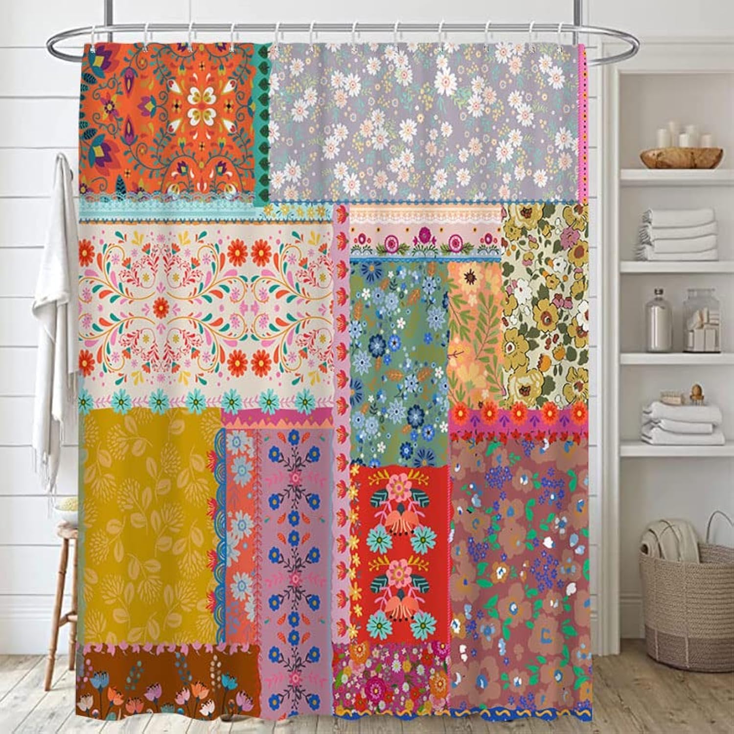 Lofaris Boho Patchwork Shower Curtains For Bathroom Bohemian Style Stitching Colorful Floral Vintage Retro Shower Curtains Batht