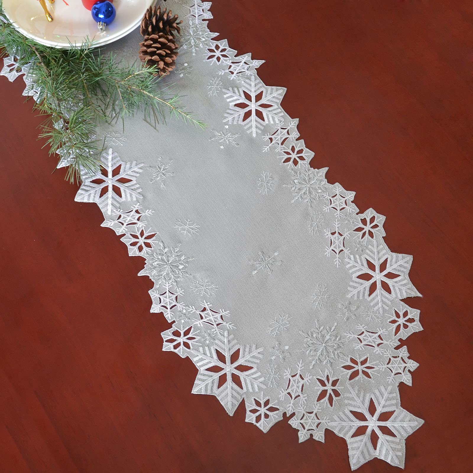Simhomsen Embroidered Snowflakes Table Runners For Christmas Holiday And Winter (Silver, 14