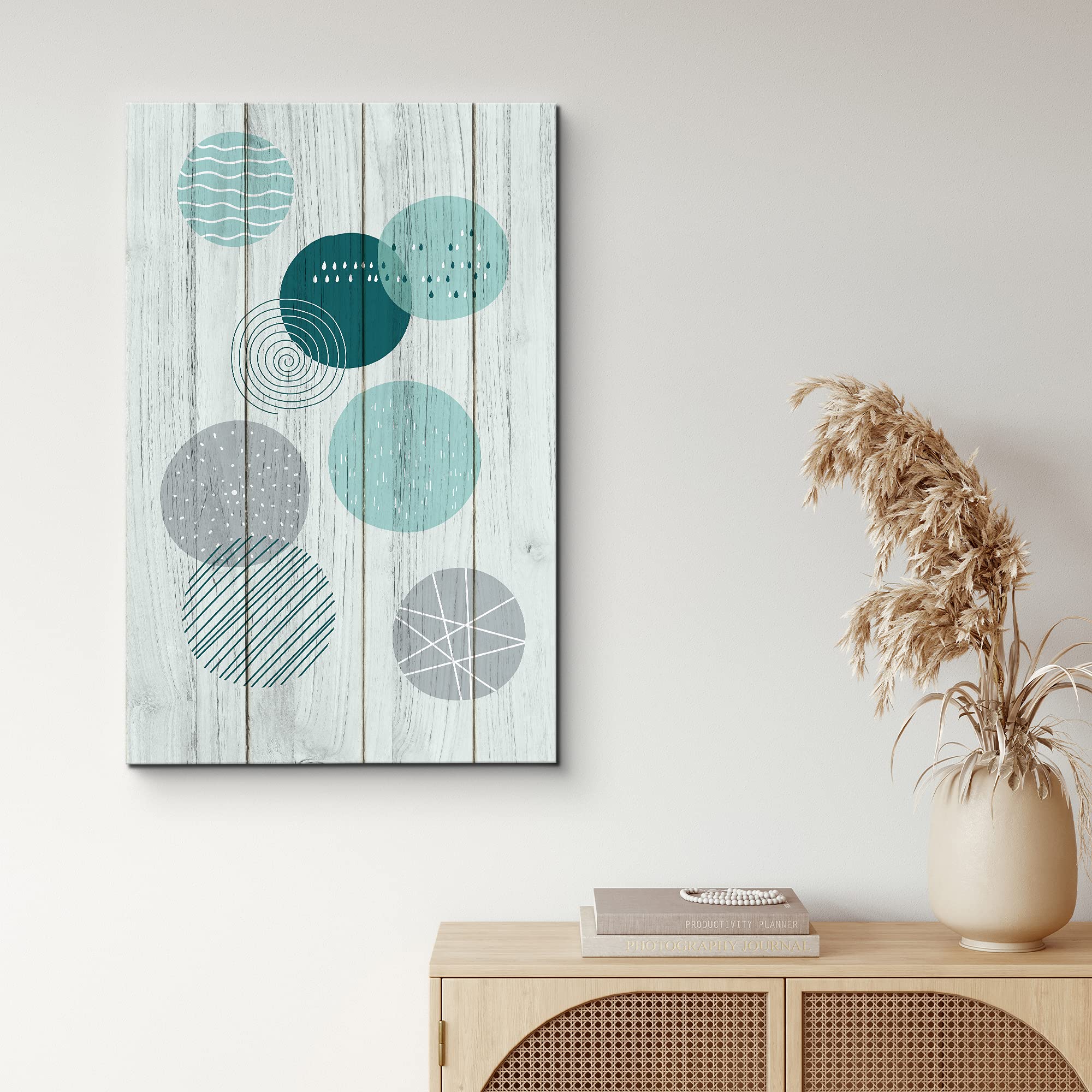 Nwt Canvas Print Wall Art Blue & Teal Circles On Wood Panels Geometric Shapes Illustrations Modern Art Bohemian Group Relax/Calm