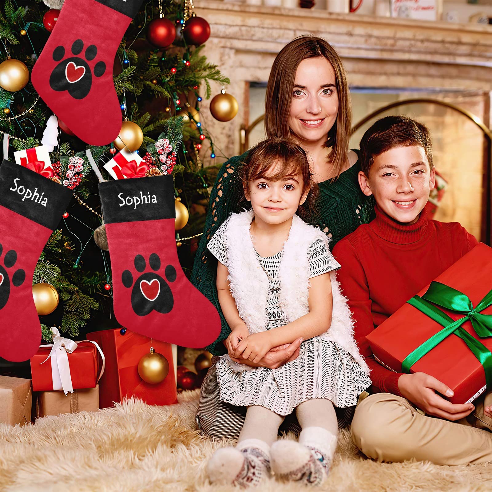 SunFancyCustom Paw Print Red Heart Christmas Stocking with Name Custom Xmas Stockings for Family Wedding Party Decor 17.52 x 7.8