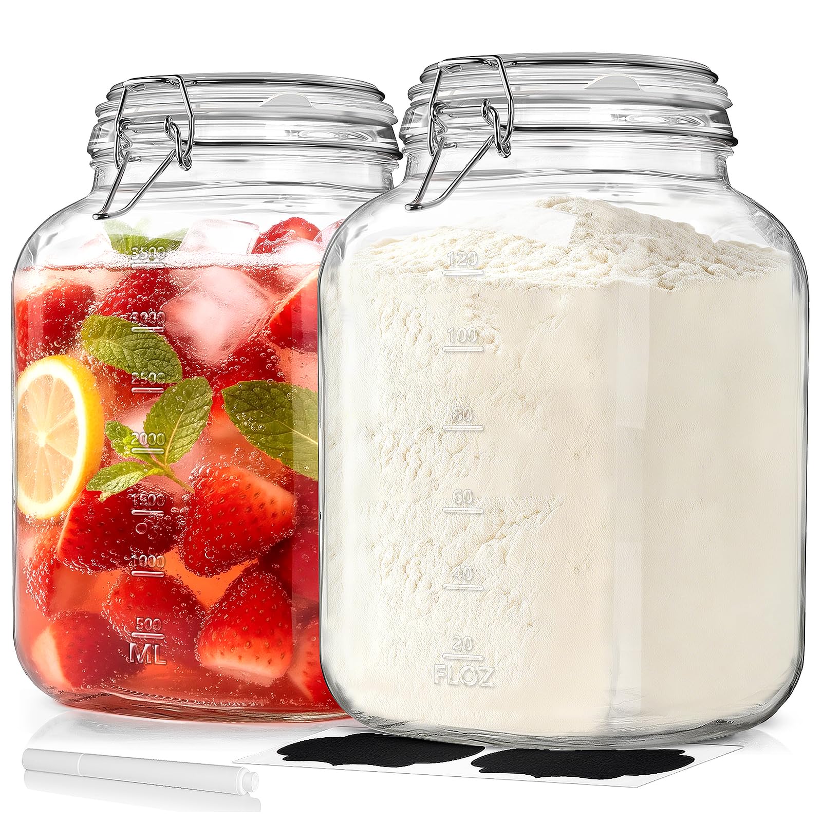2 Pack 1 Gallon Square Super Wide-Mouth Glass Jars with Airtight Lids - Glass Storage Jars with 2 Measurement Mark - Canning Jar