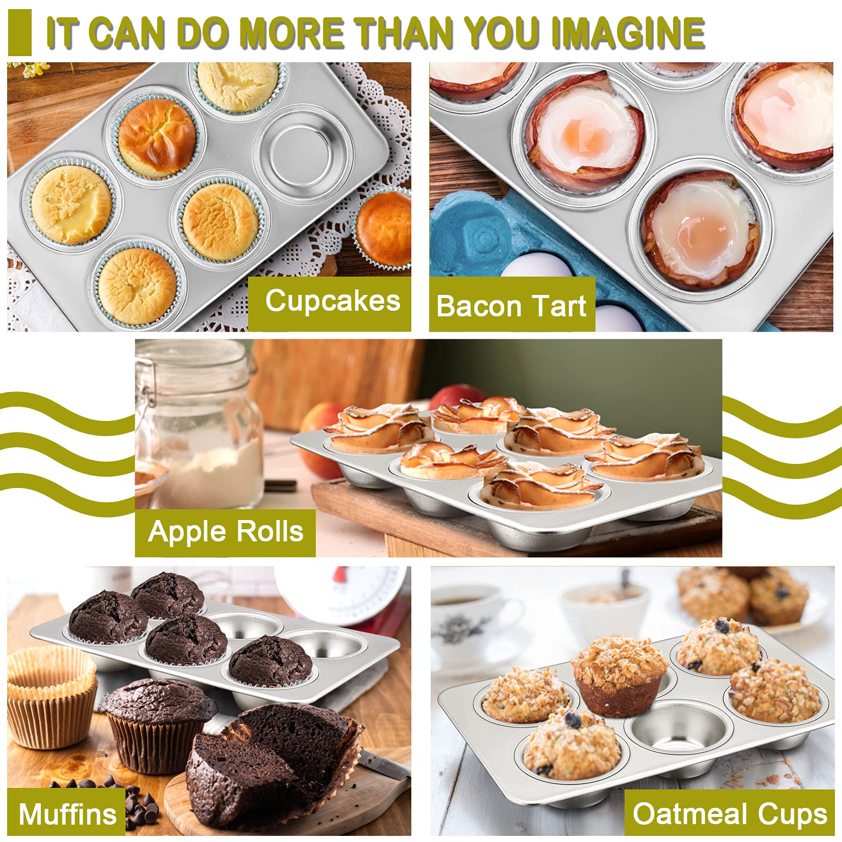 P&P Chef Muffin Pan Cupcake Pans Set Of 2, Stainless Steel Muffin Pans (6-Cups), For Mini Brownie Tart Quiches, Healthy & Durabl