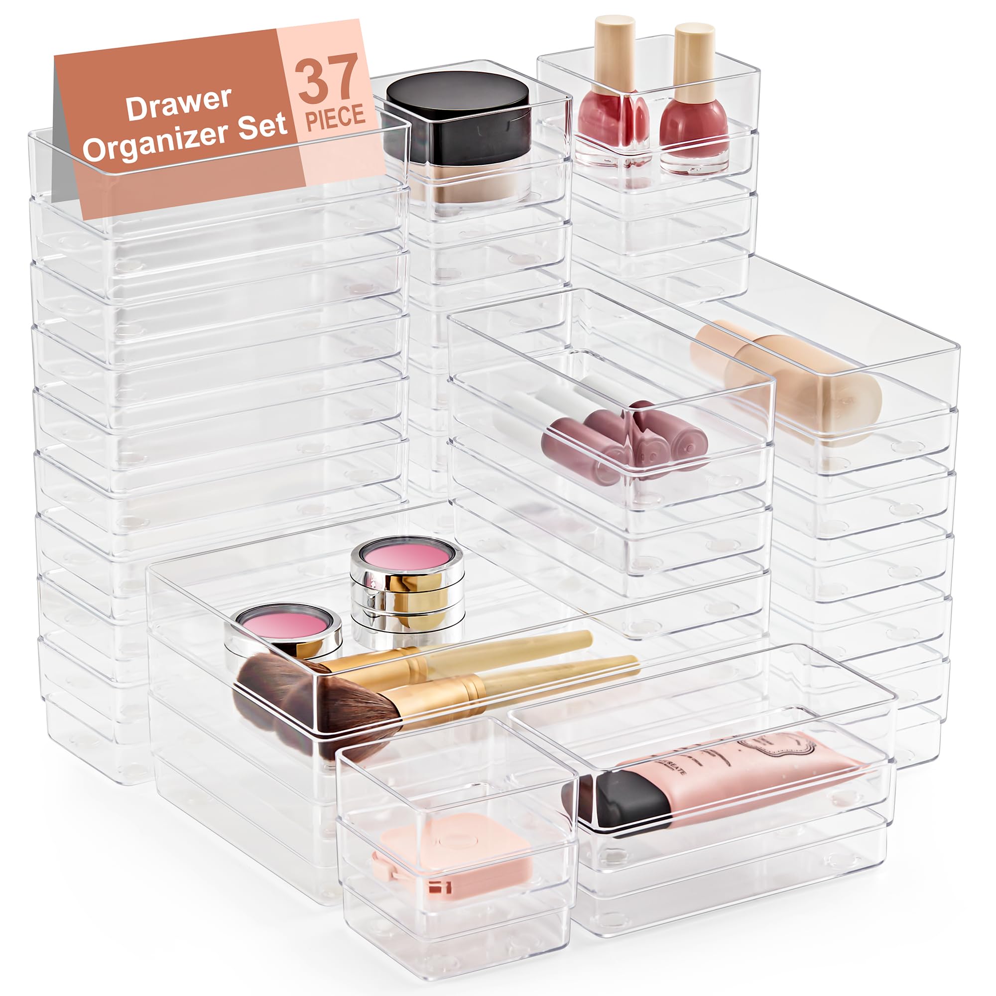 SMARTAKE 37-Piece Drawer Organizer with Non-Slip Silicone Pads, 4-Size Desk Drawer Organizer Trays Storage Tray for Makeup, Jewe