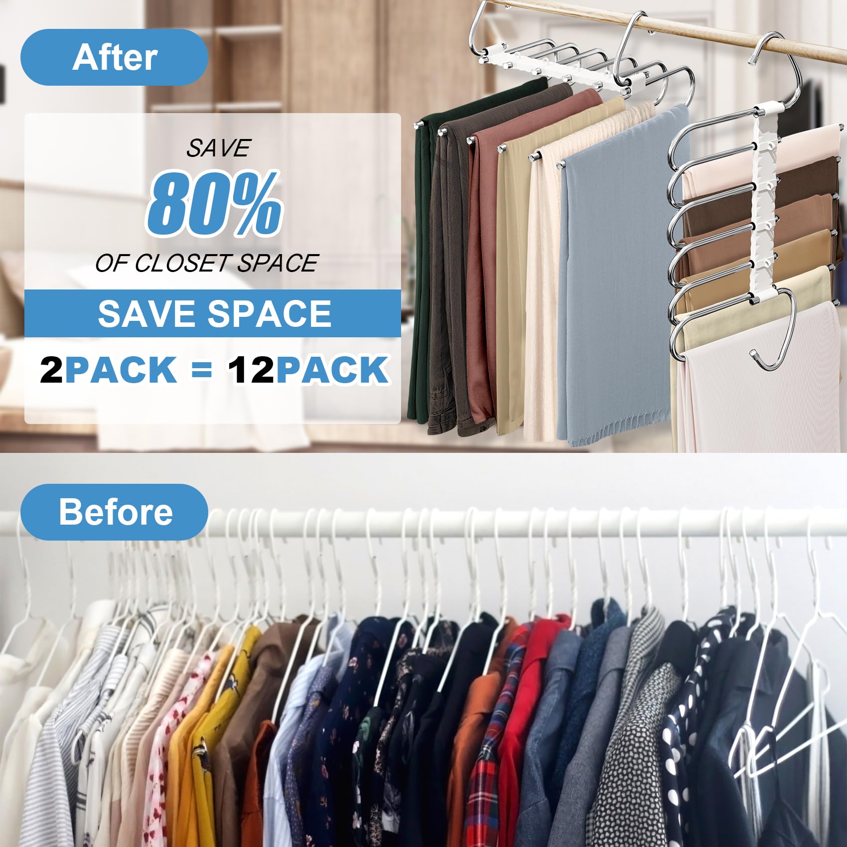 Upgrade 6 Layers Pants Hangers Space Saving, 2 Pack Non Slip Stainless Steel Multifunctional Pants Rack S-Type Pant Closet Hange